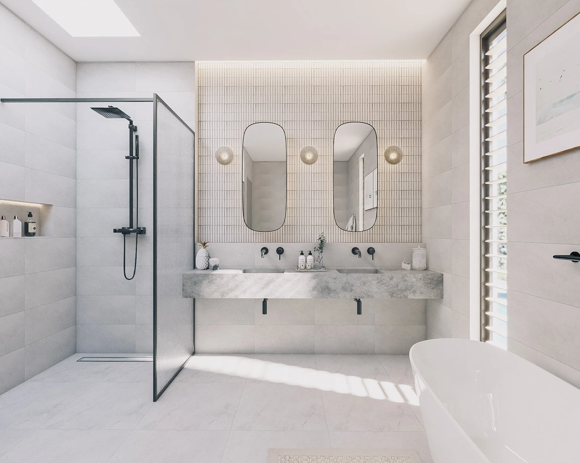 Double shower with reeded glass panels and skylight in a luxury Gold Coast bathroom