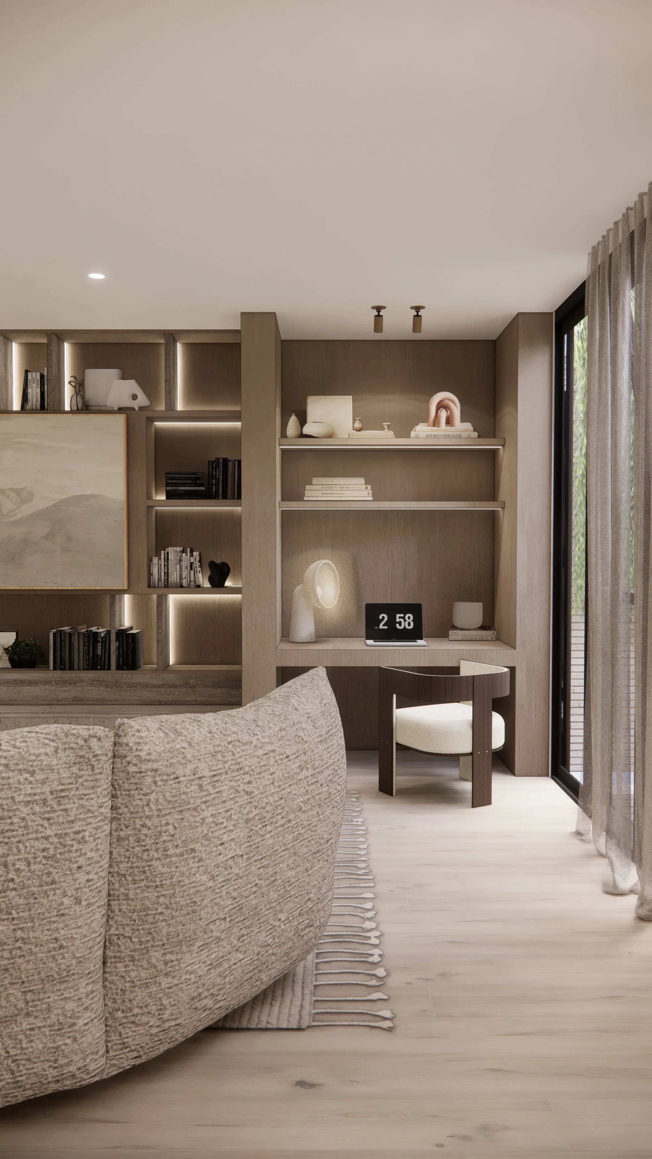 Neutral study and rumpus room with  sculptural stone shelving and timber cabinetry