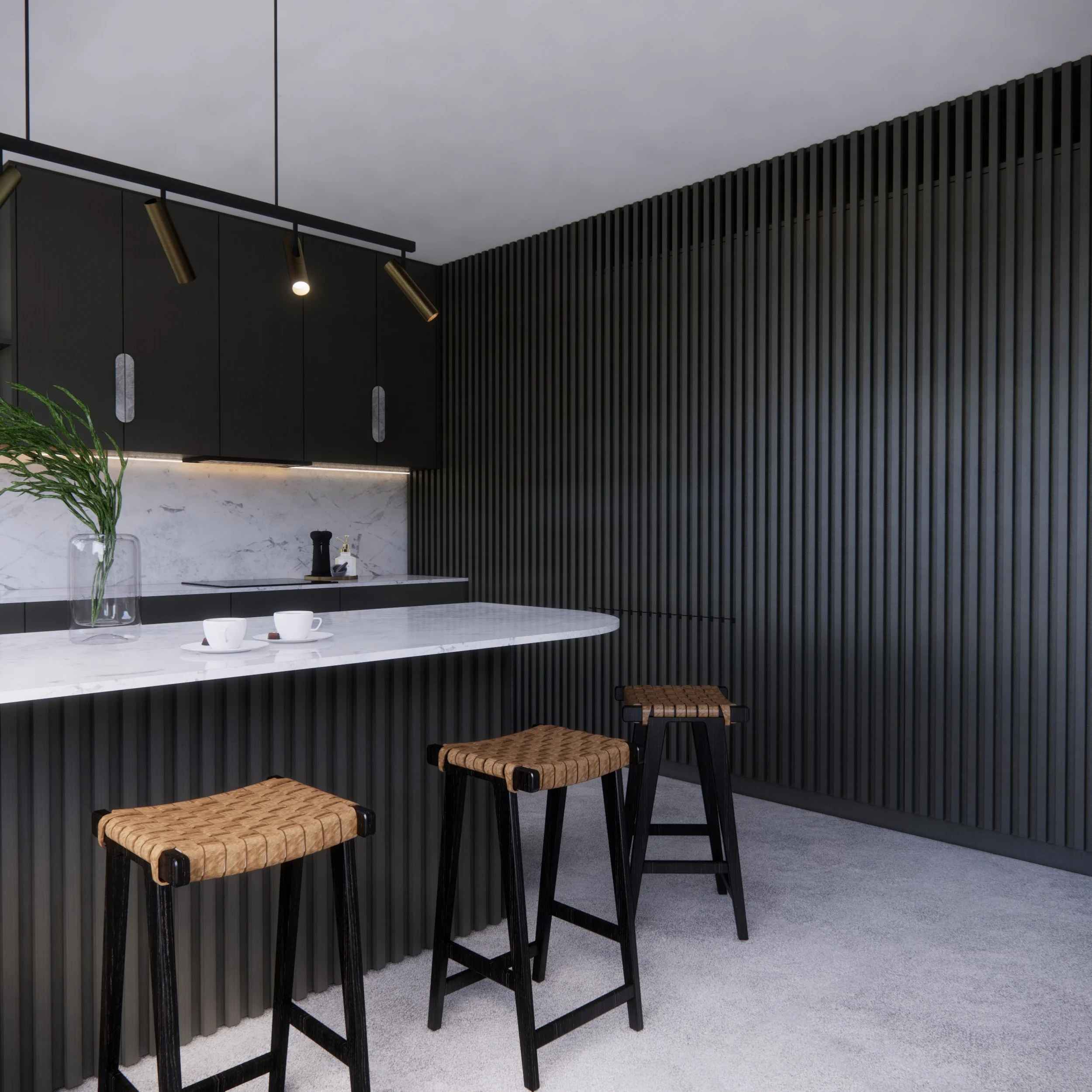 Fluted kitchen island with stone countertop in modern family home