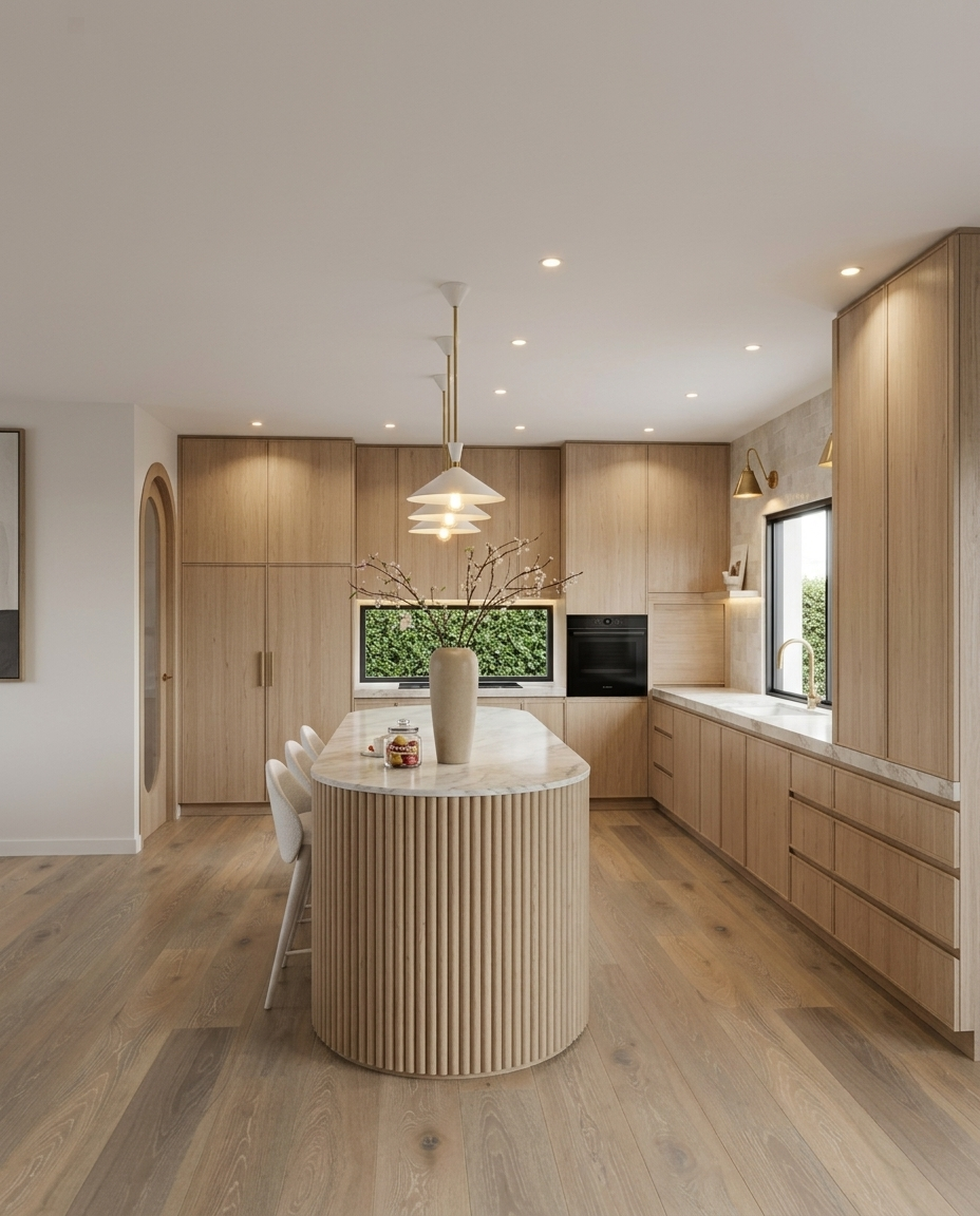Modern warm minimalist kitchen with oak cabinetry, stone island and brass lighting in a Brisbane house renovation, designed by TID Studio Sydney