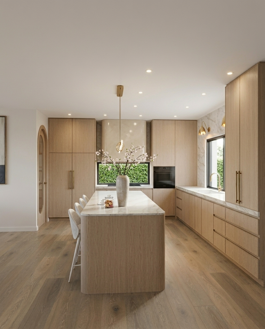 Open-plan kitchen and dining room in a contemporary Brisbane family home renovation, designed by TID Studio Sydney