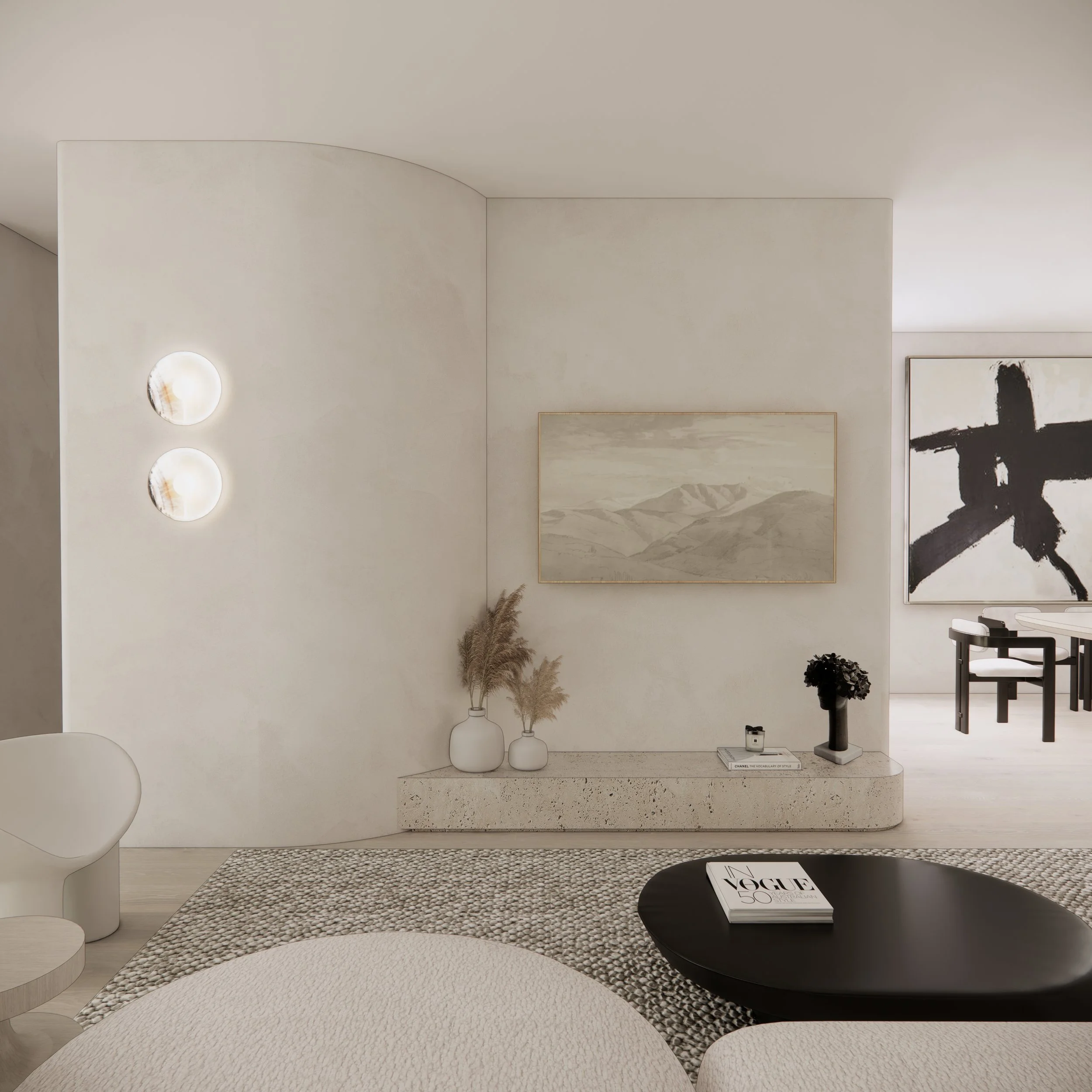 Contemporary Wabi-Sabi living room with curved sofa and neutral tones