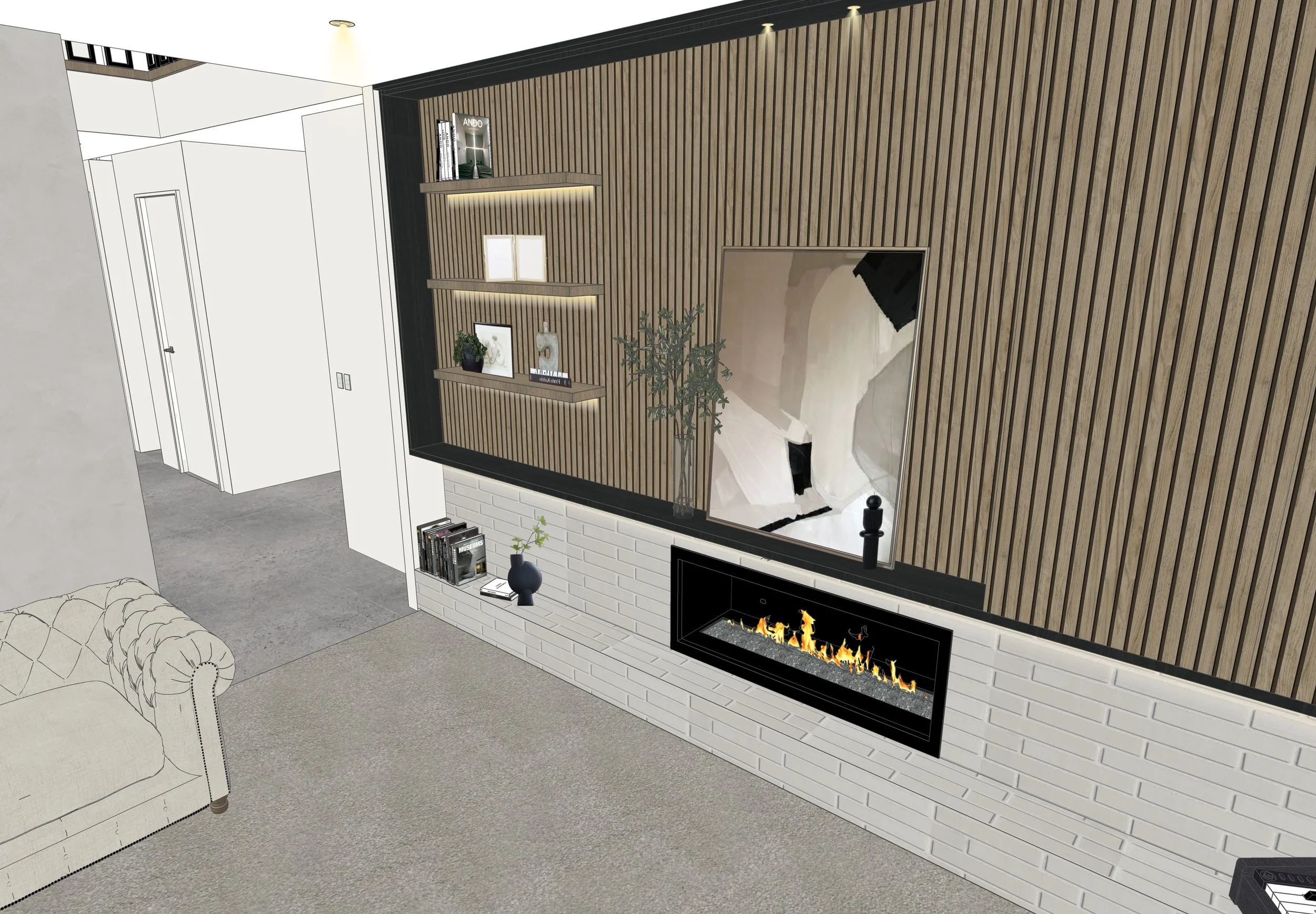 Living room design with timber slat feature wall, built-in shelving and modern fireplace — Caringbah Residence Brisbane