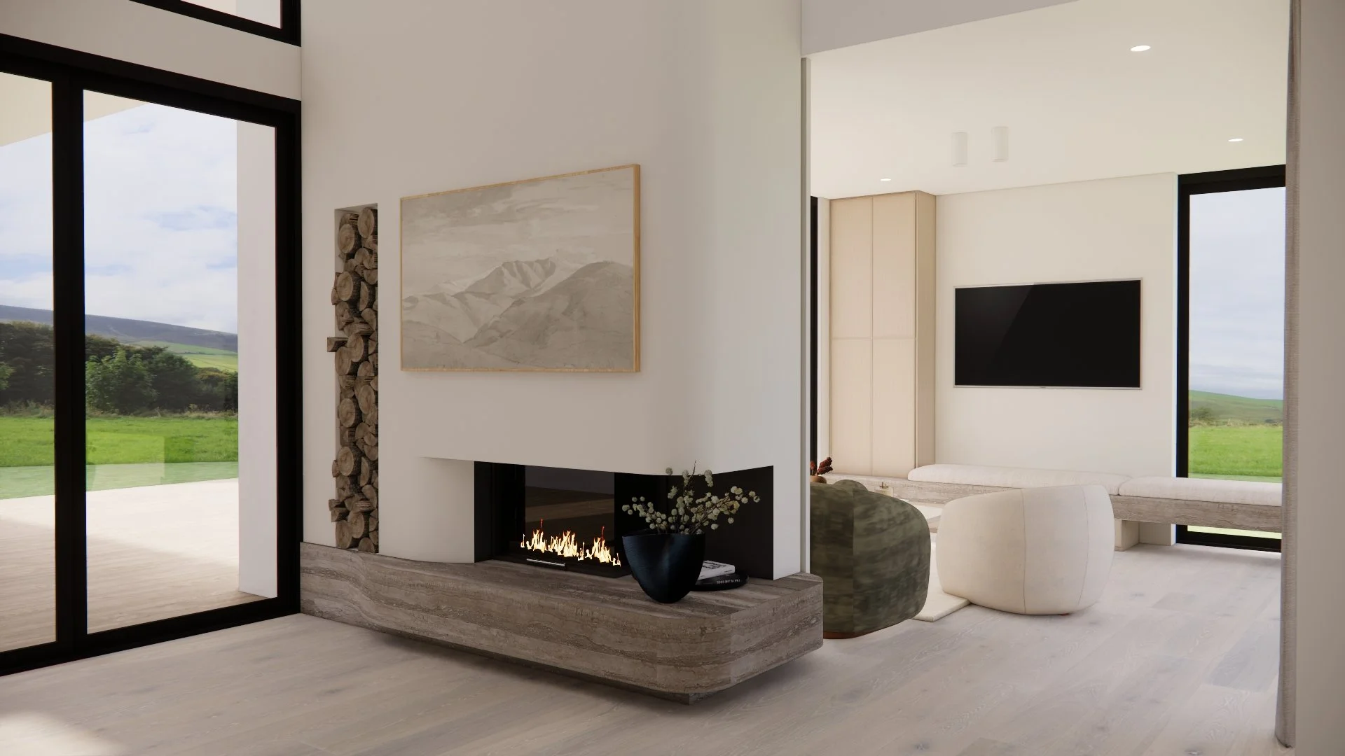 Contemporary living room with curved wood-burning fireplace and dark travertine stone hearth