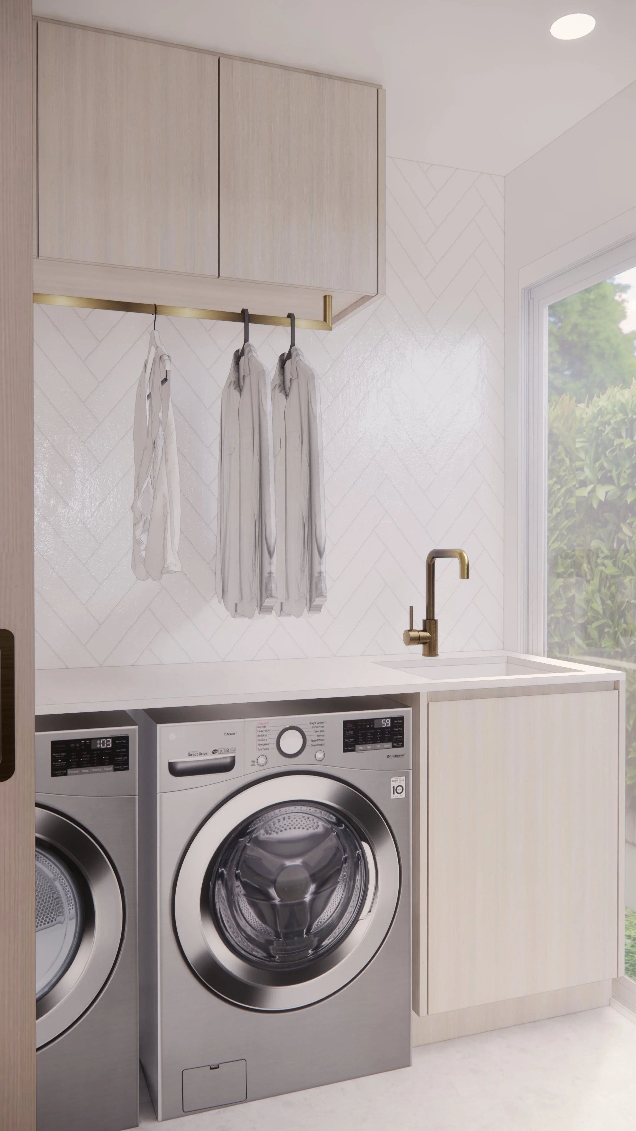 Modern coastal laundry light timber cabinetry and neutral palette — Auriga Residence by TID Studio, Brisbane