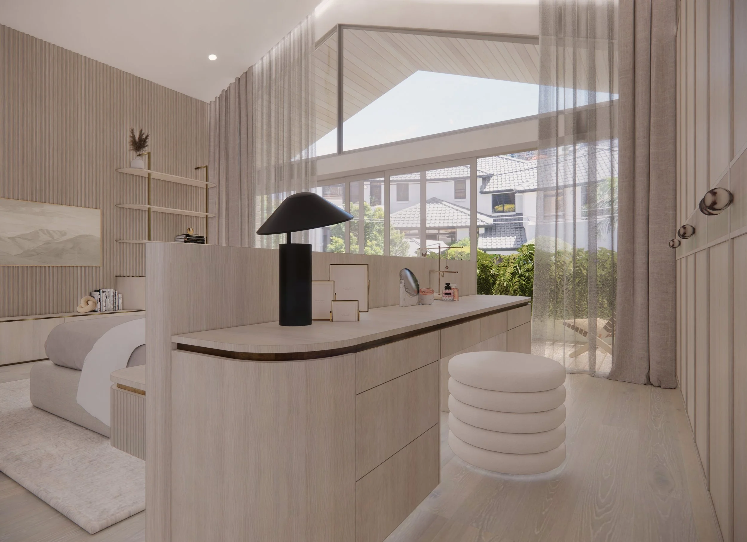 Master bedroom with upholstered neutral bedhead, soft curves and warm minimal textures — Auriga Residence by TID Studio, Brisbane