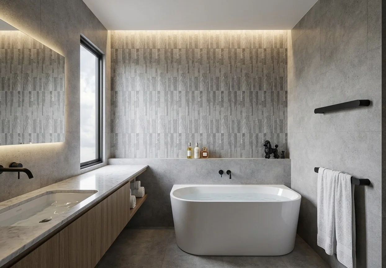 Freestanding bath and stone feature wall in contemporary master bathroom — TID Studio Brisbane