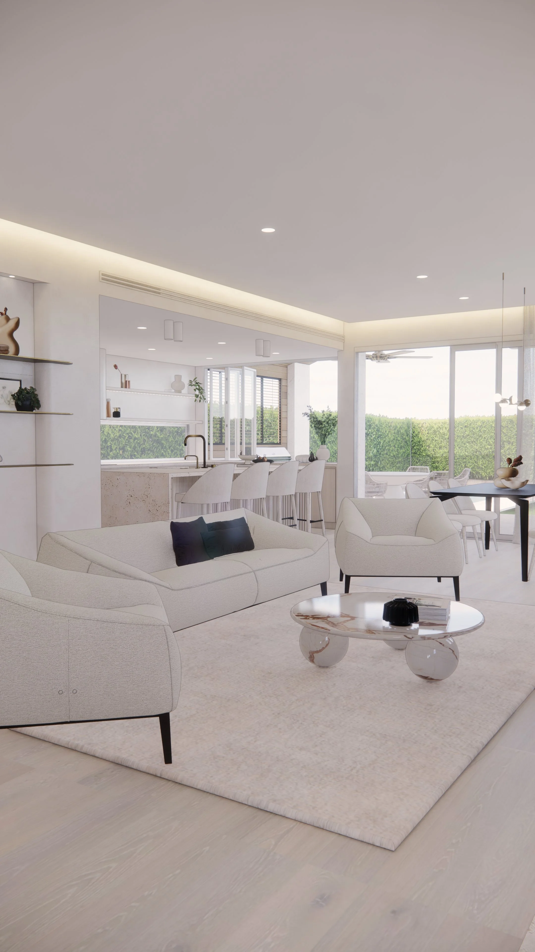 Open-plan neutral kitchen with light timber cabinetry, soft curves, and layered lighting — Auriga Residence by TID Studio, Brisbane