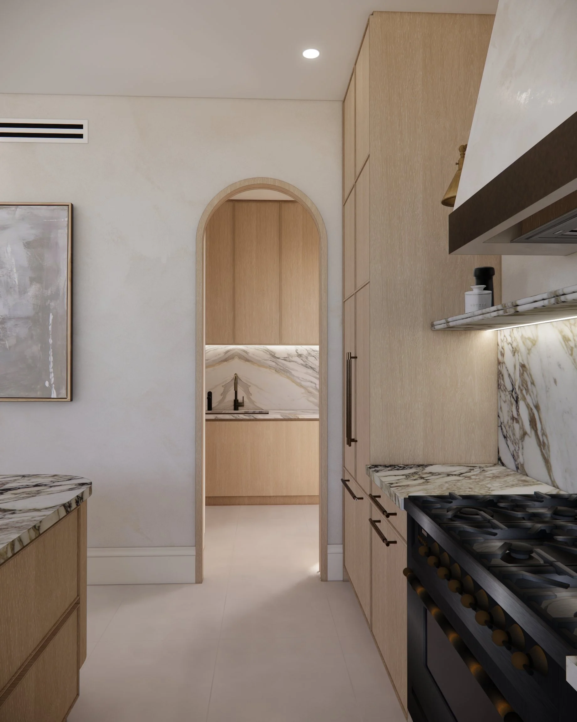 Sculptural kitchen, pantry with Calacatta Viola marble island, light timber joinery, and brass wall lights in a contemporary Sydney home
