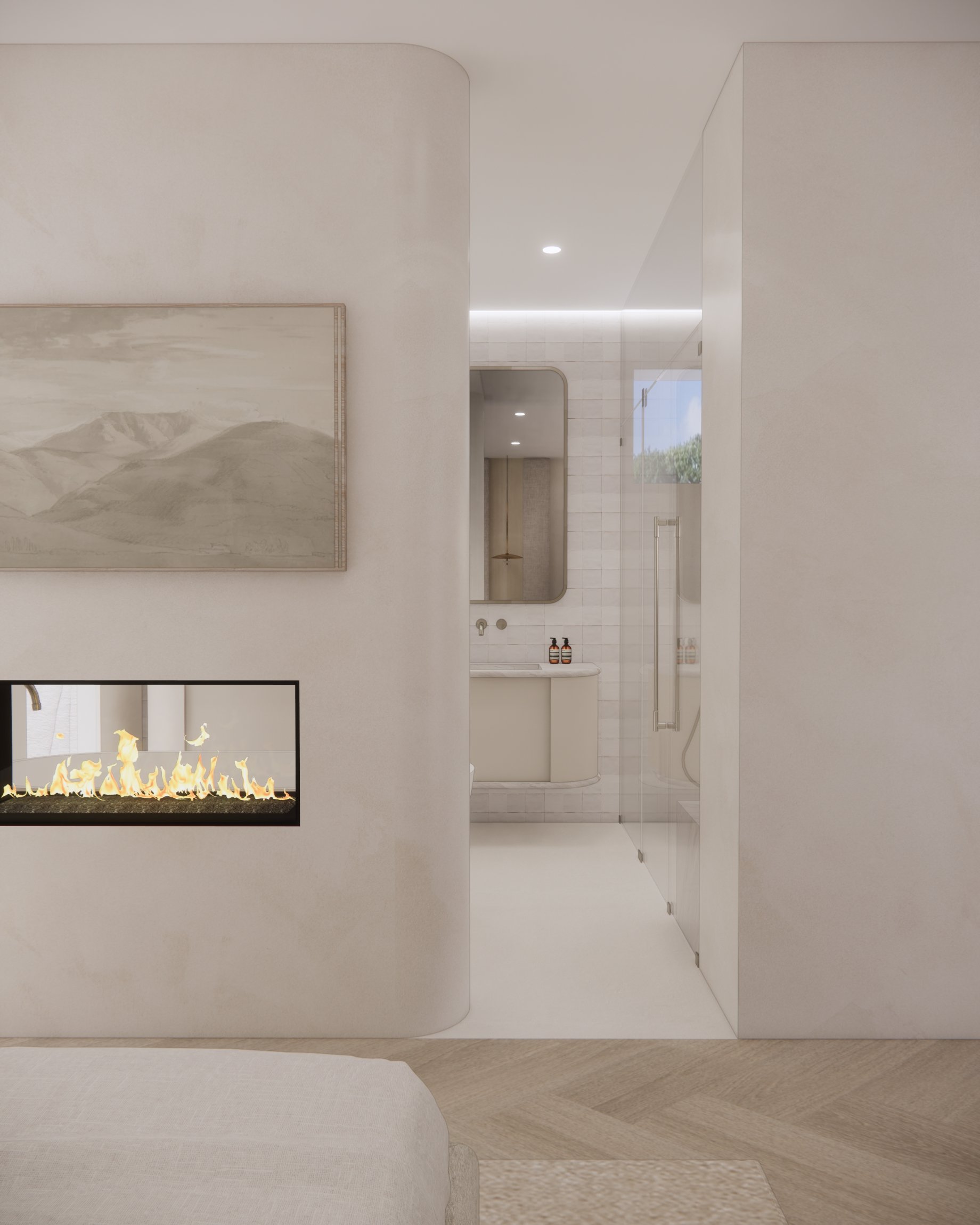 Spa-like master ensuite with feature stone wall, freestanding bath, and brushed metal fixtures in Sydney