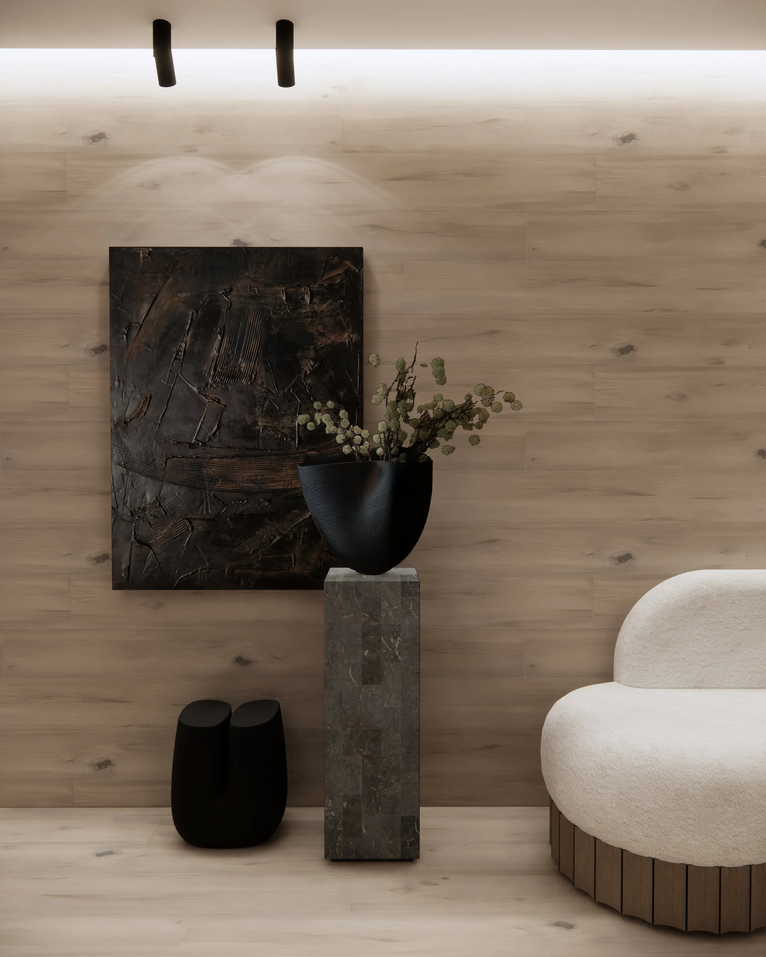 Stone dining table with neutral upholstered chairs, banquette seating and contemporary brass pendant