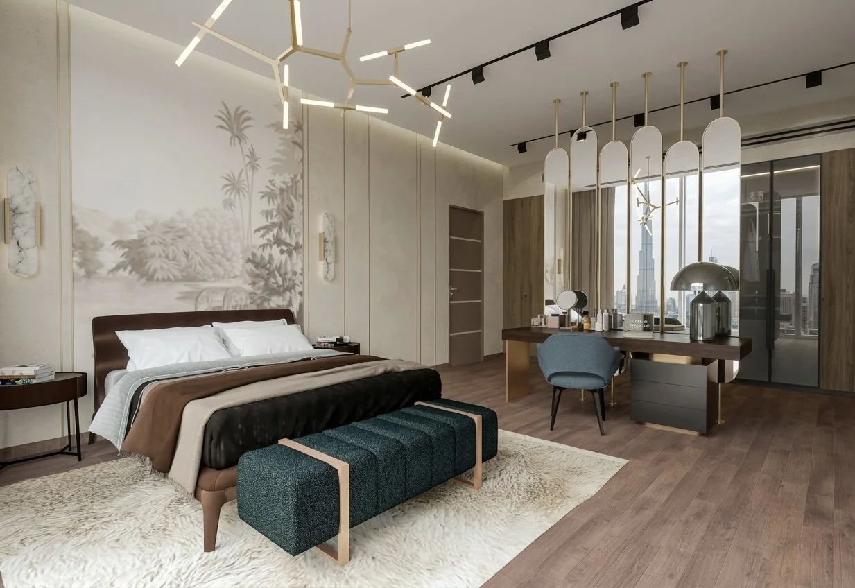 Contemporary living room in a Dubai apartment with marble coffee tables, soft beige upholstery, and panoramic city views. Designed by TID Studio, the space blends elegant minimalism with warm textures and sculptural lighting