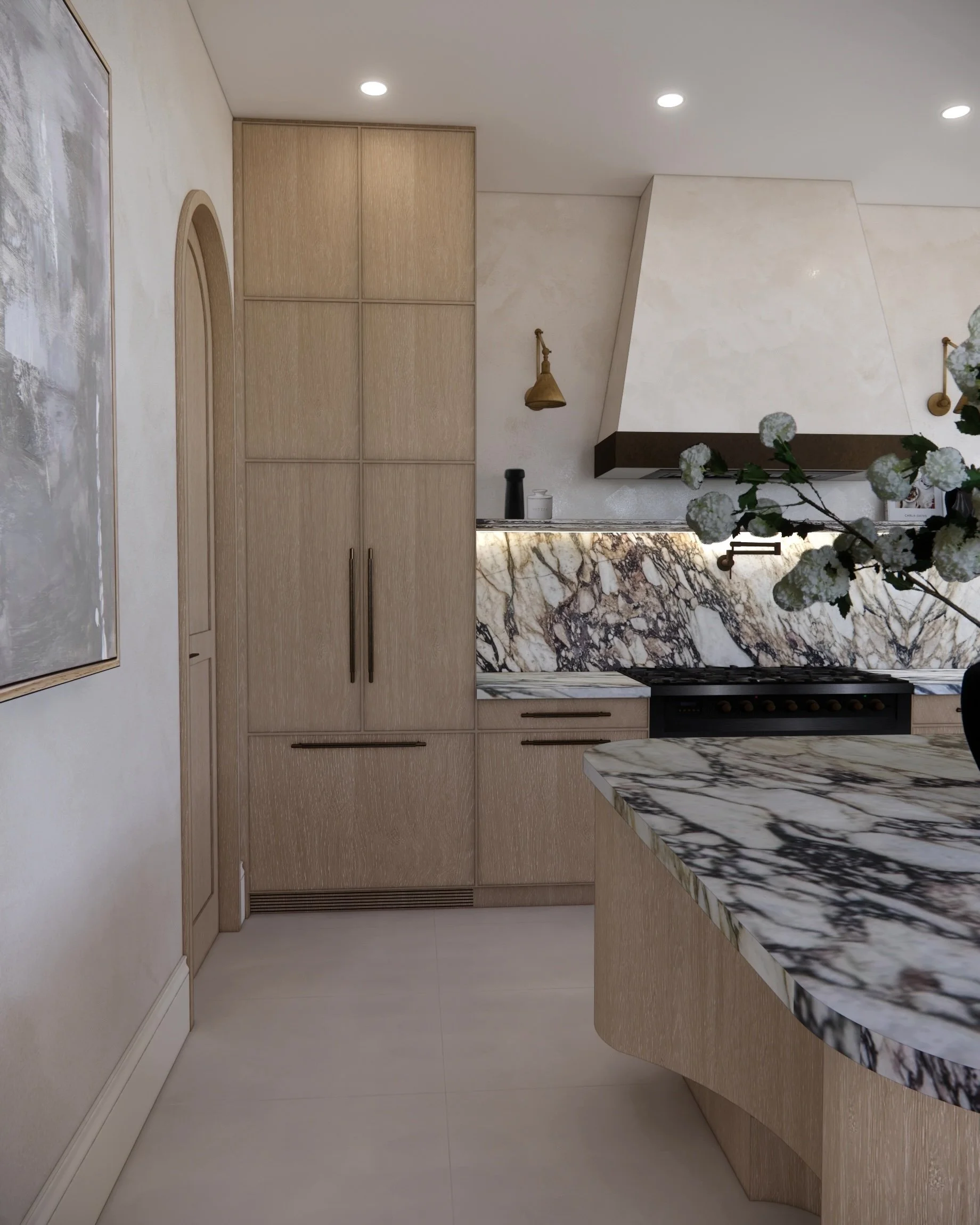 Sculptural kitchen with Calacatta Viola marble island, pale timber joinery, and brass wall lights in a contemporary Sydney home