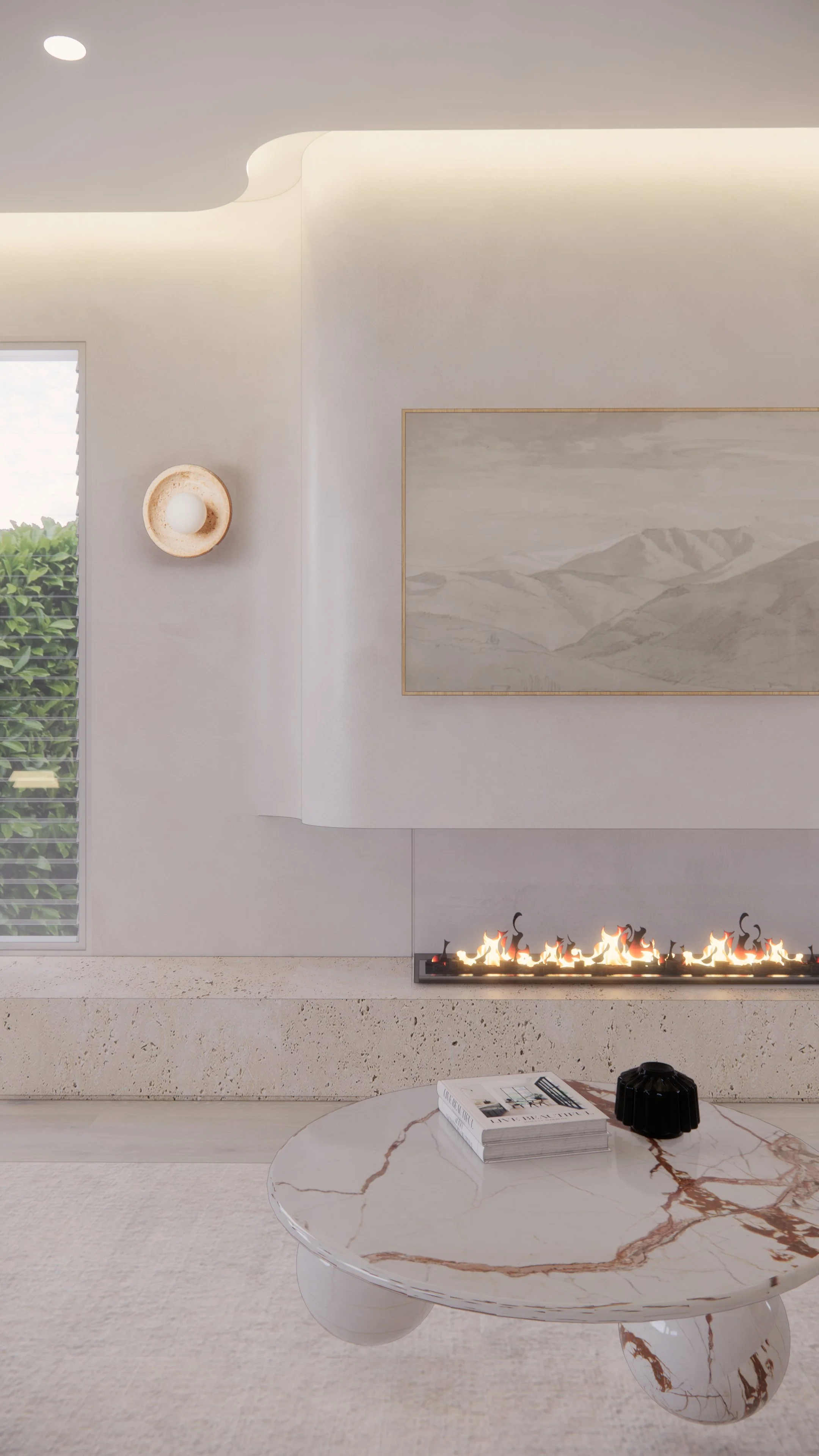 Modern coastal living room with soft plaster walls, light timber flooring and fireplace  — Auriga Residence by TID Studio, Brisbane