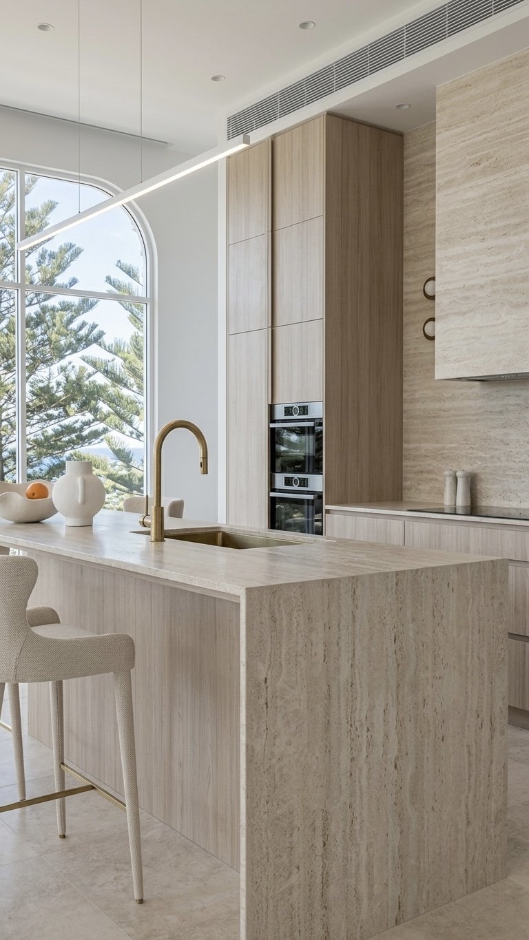 Close-up of curved kitchen island with creamy stone benchtop and soft neutral palette