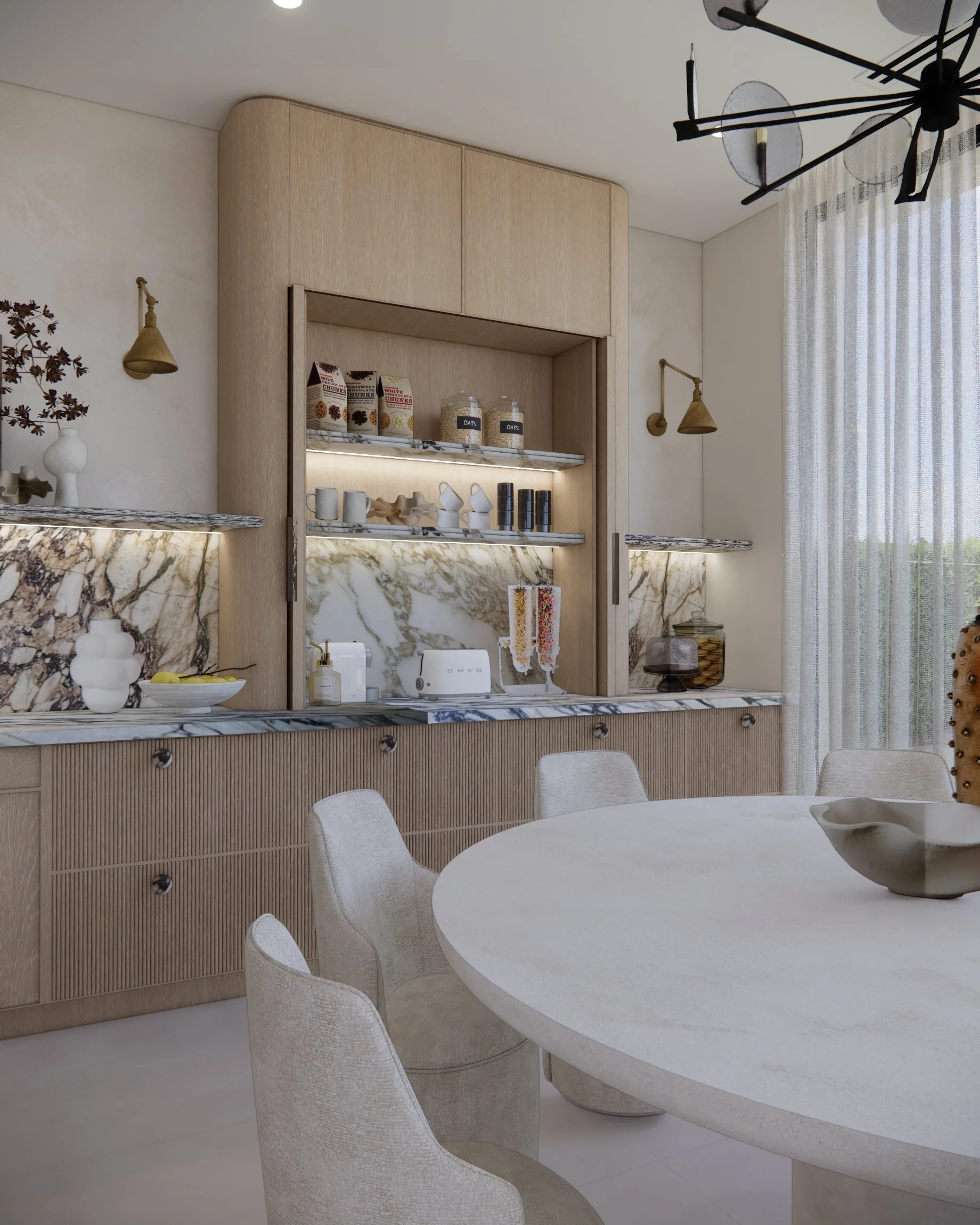 Light-filled kitchen and dining area featuring dramatic marble splashback and sculptural dining chairs in a Sydney new-build