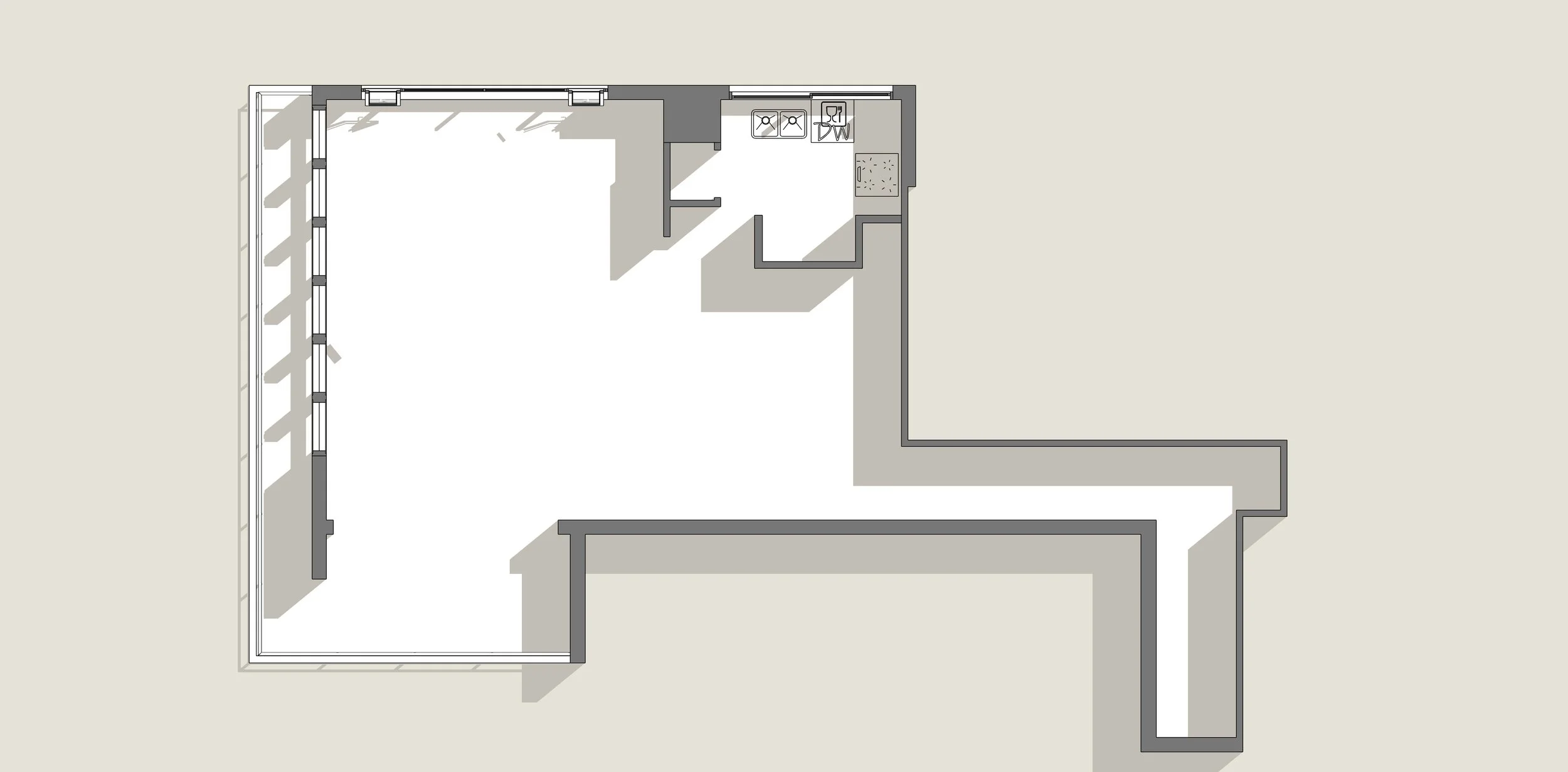 Modern kitchen layout redesign showing open concept kitchen and dining space in a high-rise apartment