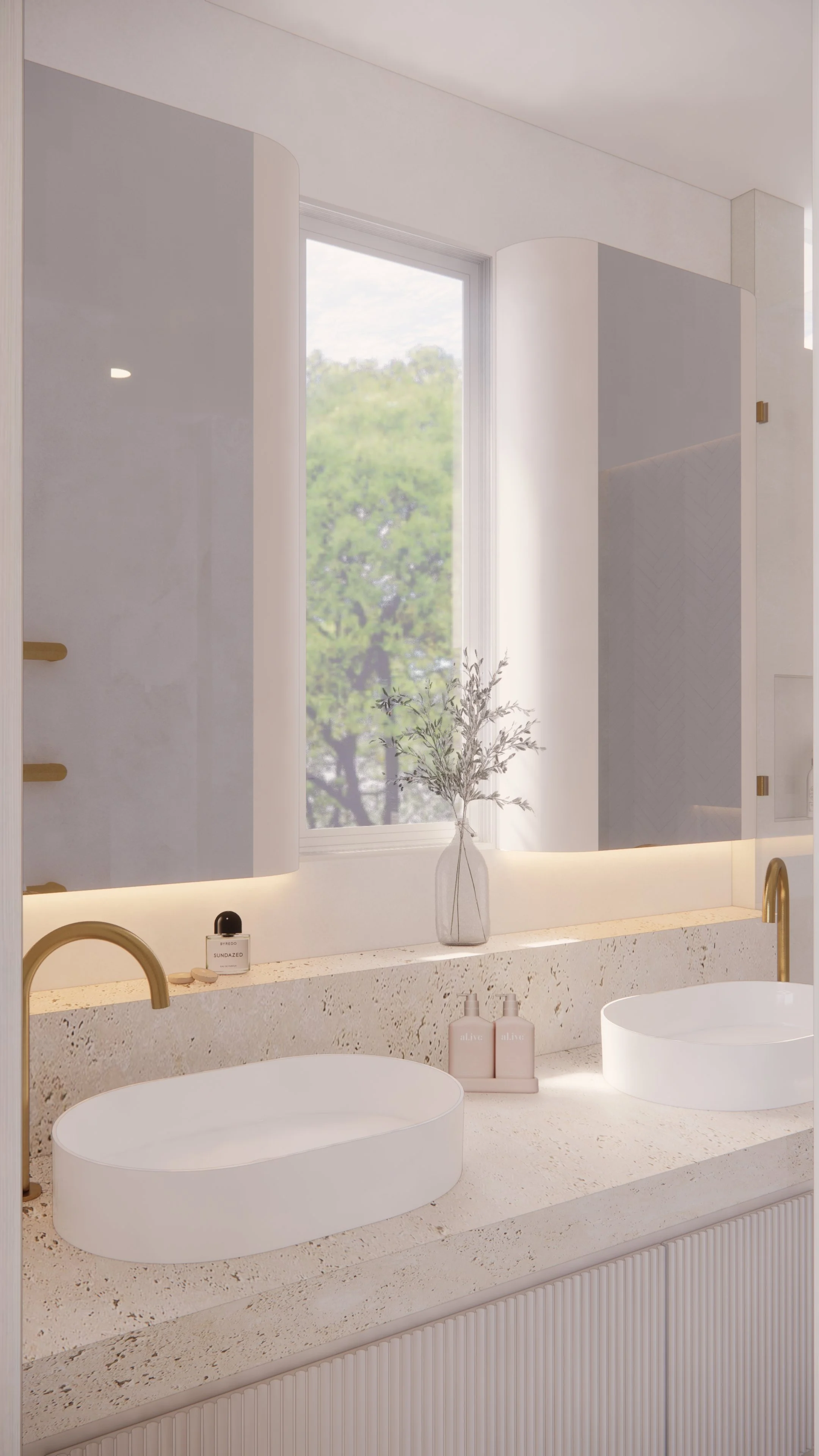 Modern master bathroom featuring curved vanity, travertine textures and brushed brass fixtures — Auriga Residence by TID Studio, Brisbane