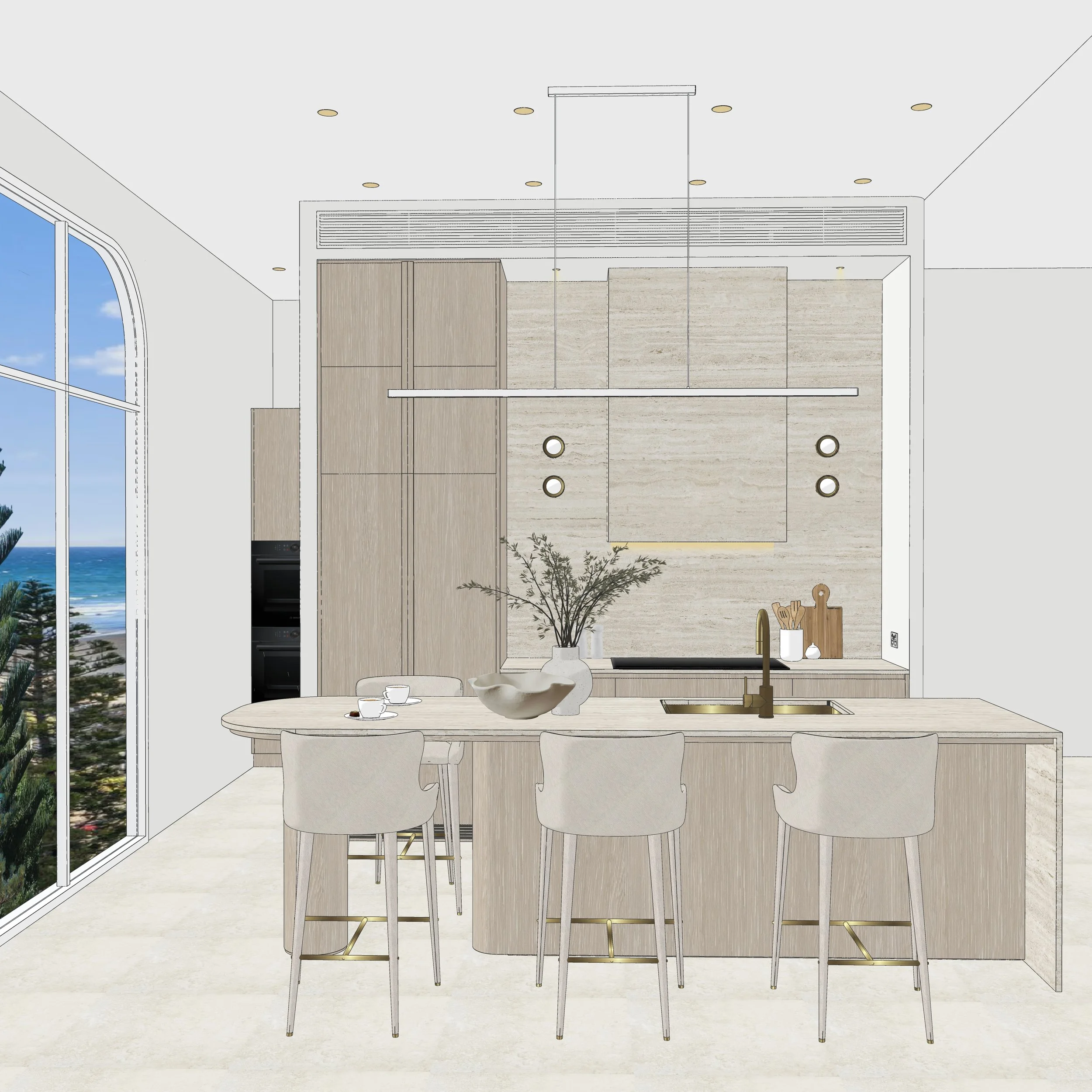 Coastal kitchen with stone bar pantry, brass fixtures and a wine fridge integrated into warm timber joinery