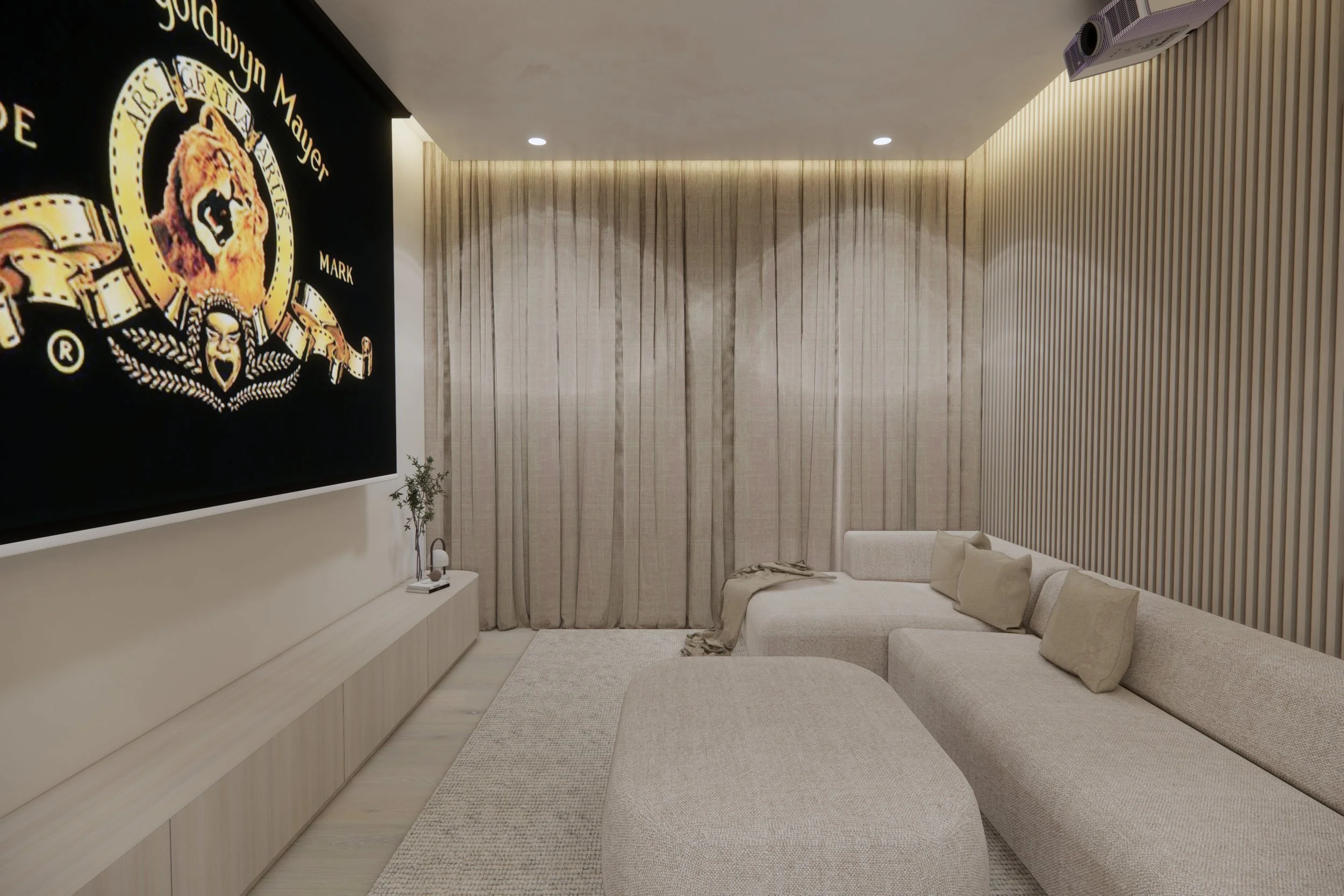 Modern coastal cinema room with light timber walls, light timber flooring and fireplace  — Auriga Residence by TID Studio, Brisbane