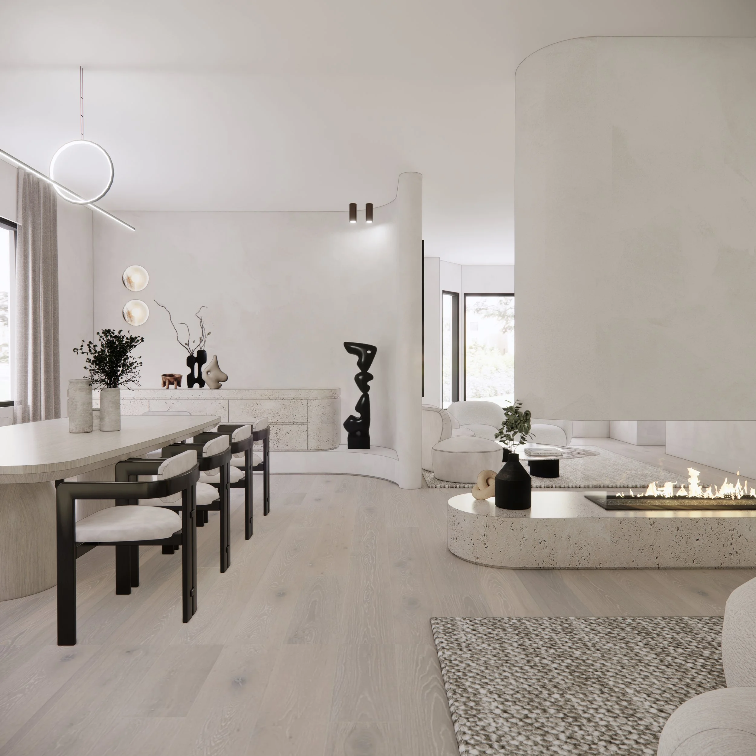 Modern Wabi-Sabi dining room with sculptural wine wall and soft neutral palette