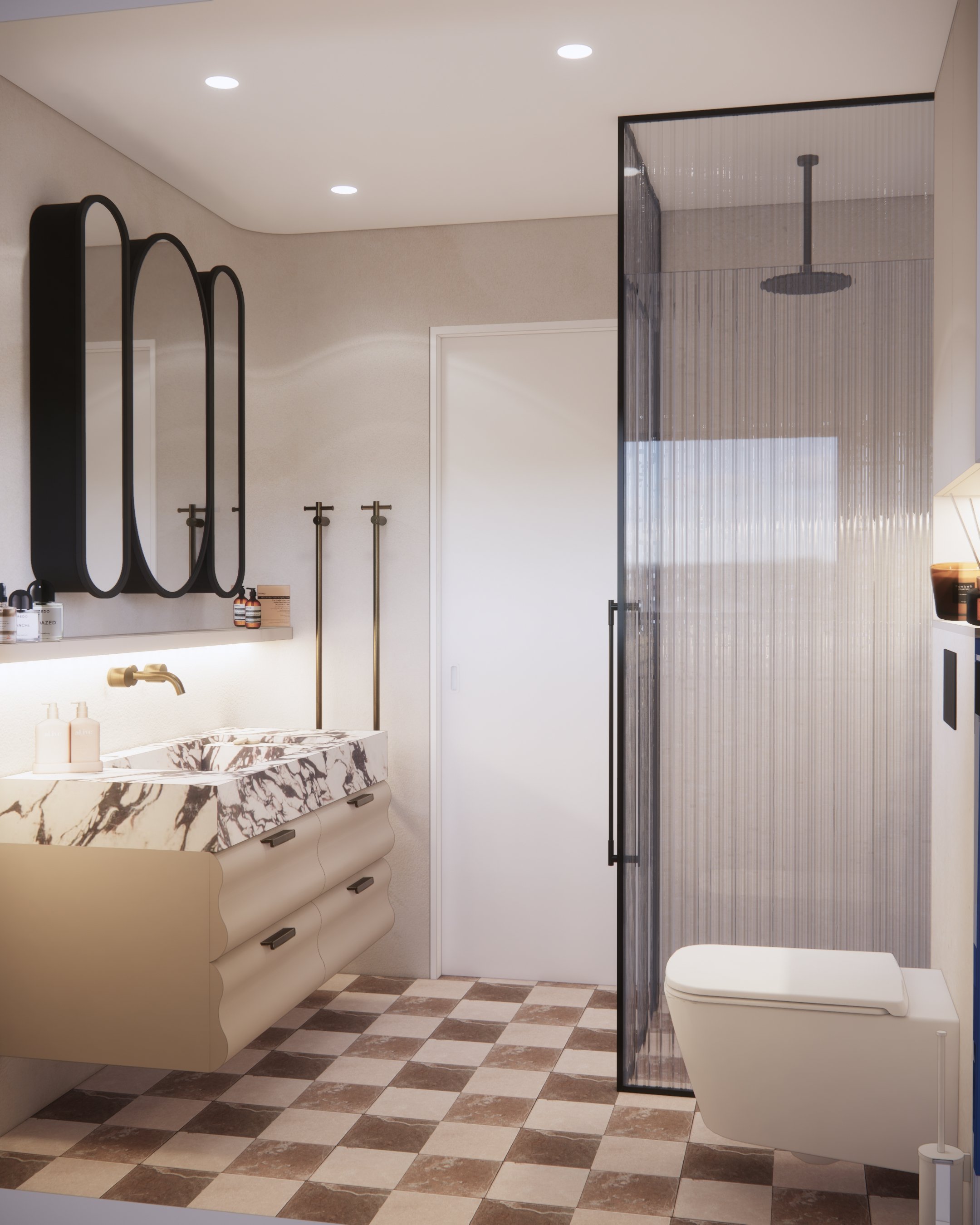 Master ensuite with scalloped vanity and soft neutral palette designed by TID Studio