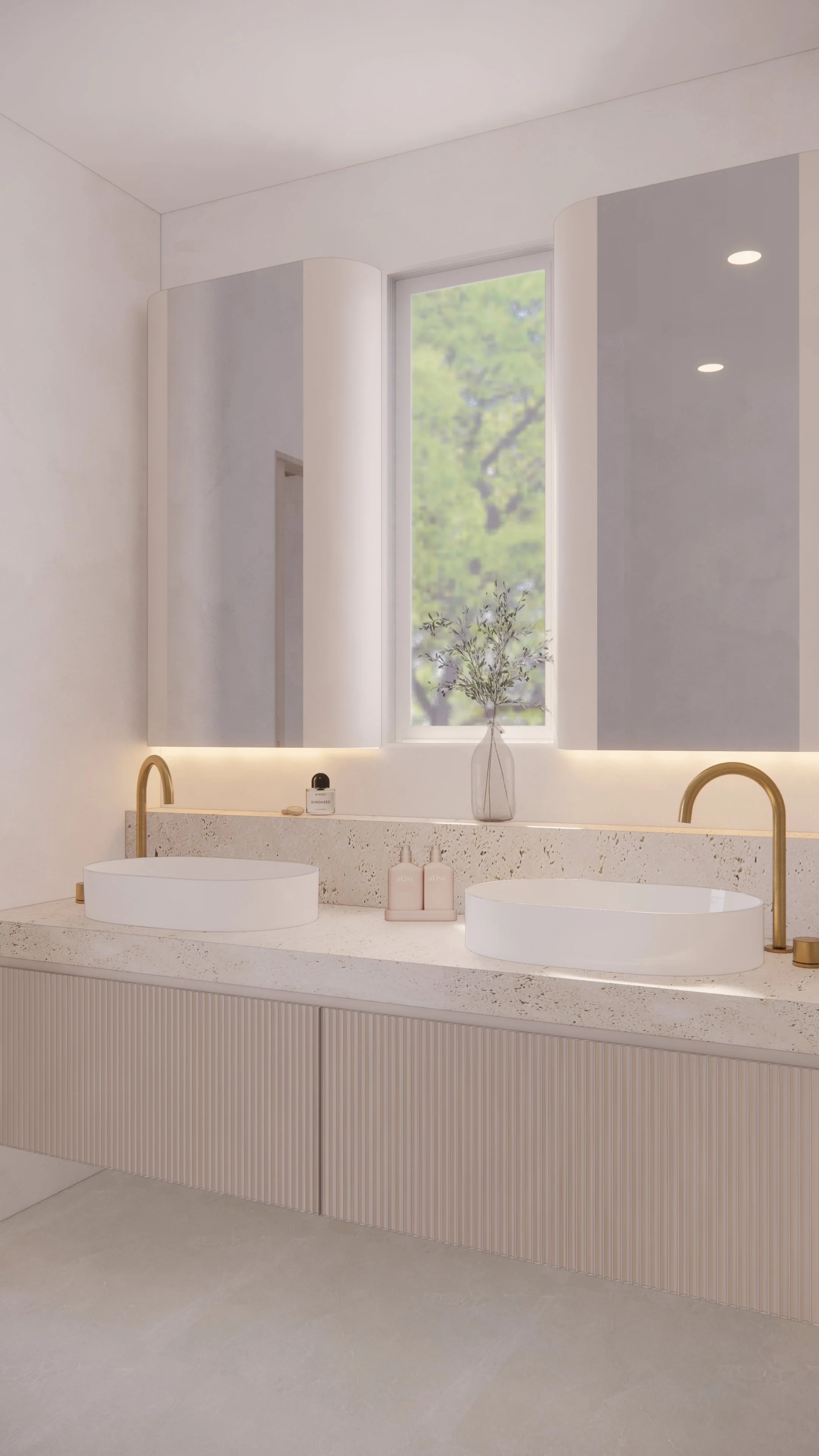 Modern master bathroom featuring curved vanity, travertine textures and brushed brass fixtures — Auriga Residence by TID Studio, Brisbane