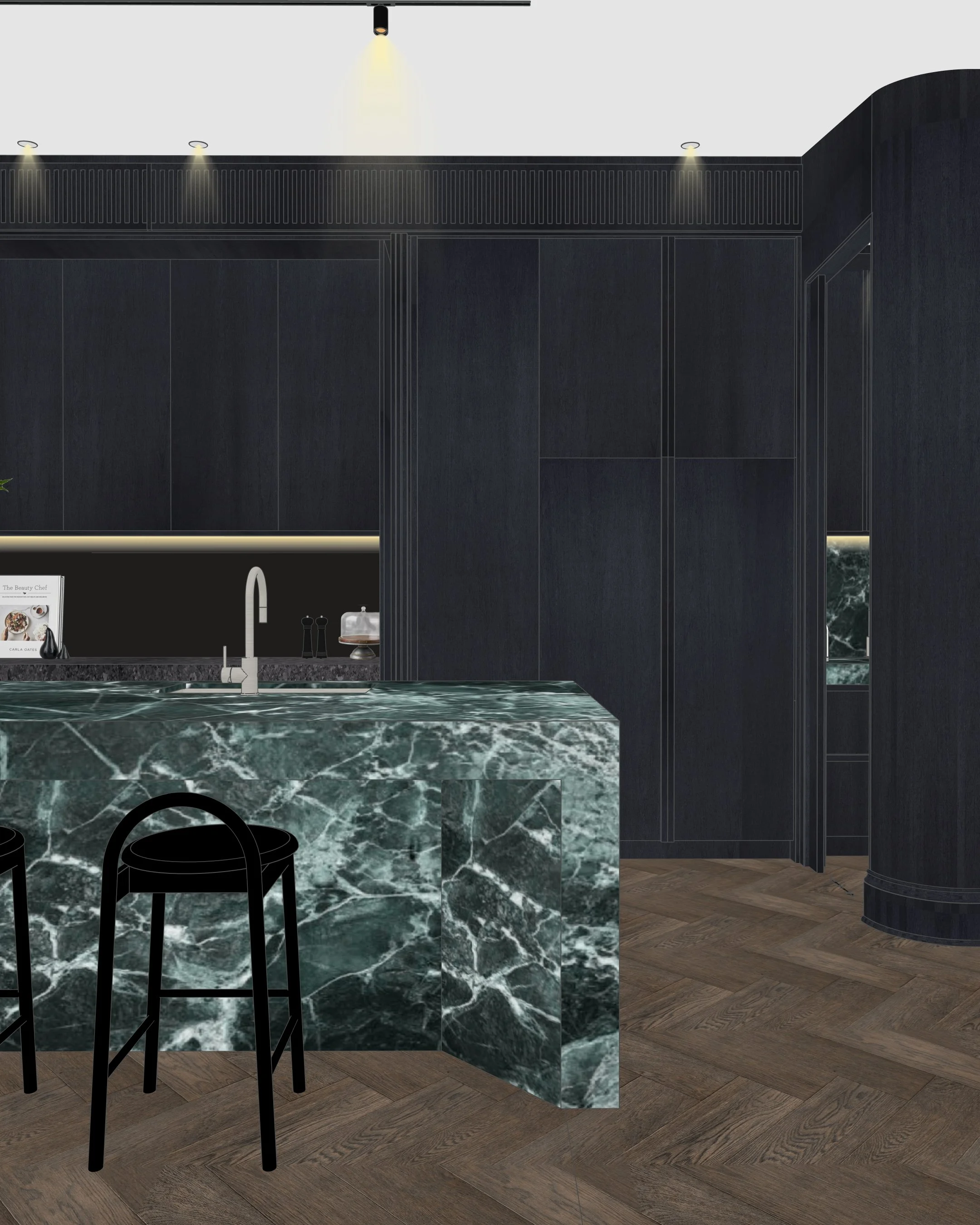 Contemporary kitchen with dramatic green marble island and dark joinery in renovated Sydney terrace