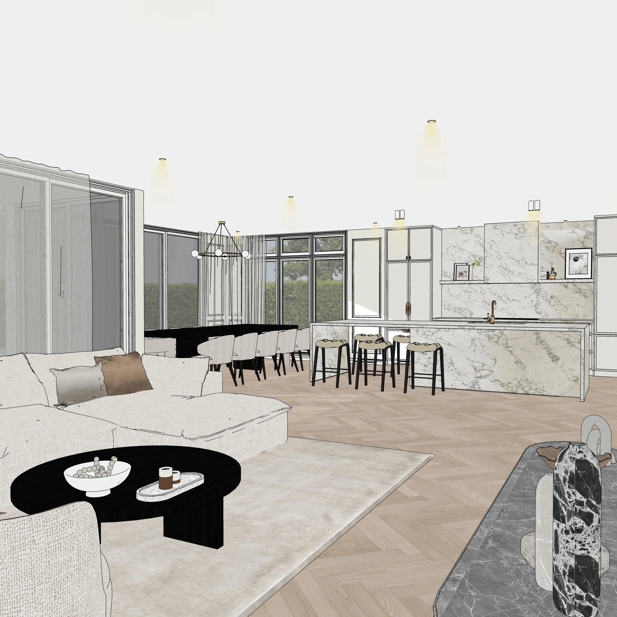 Dining room with sculptural chandelier and upholstered chairs in Melbourne home