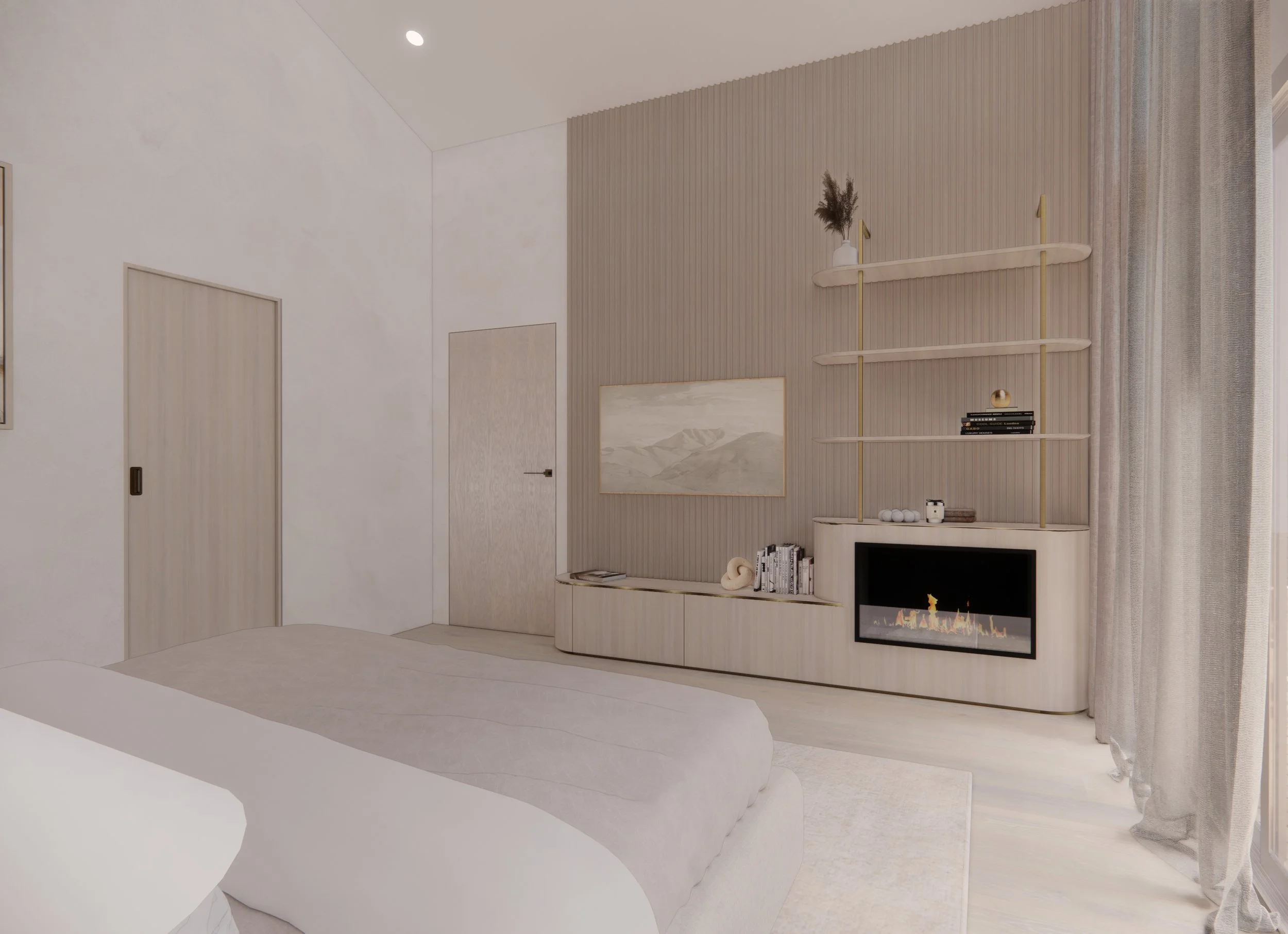 Master bedroom with upholstered neutral bedhead, soft curves and warm minimal textures — Auriga Residence by TID Studio, Brisbane