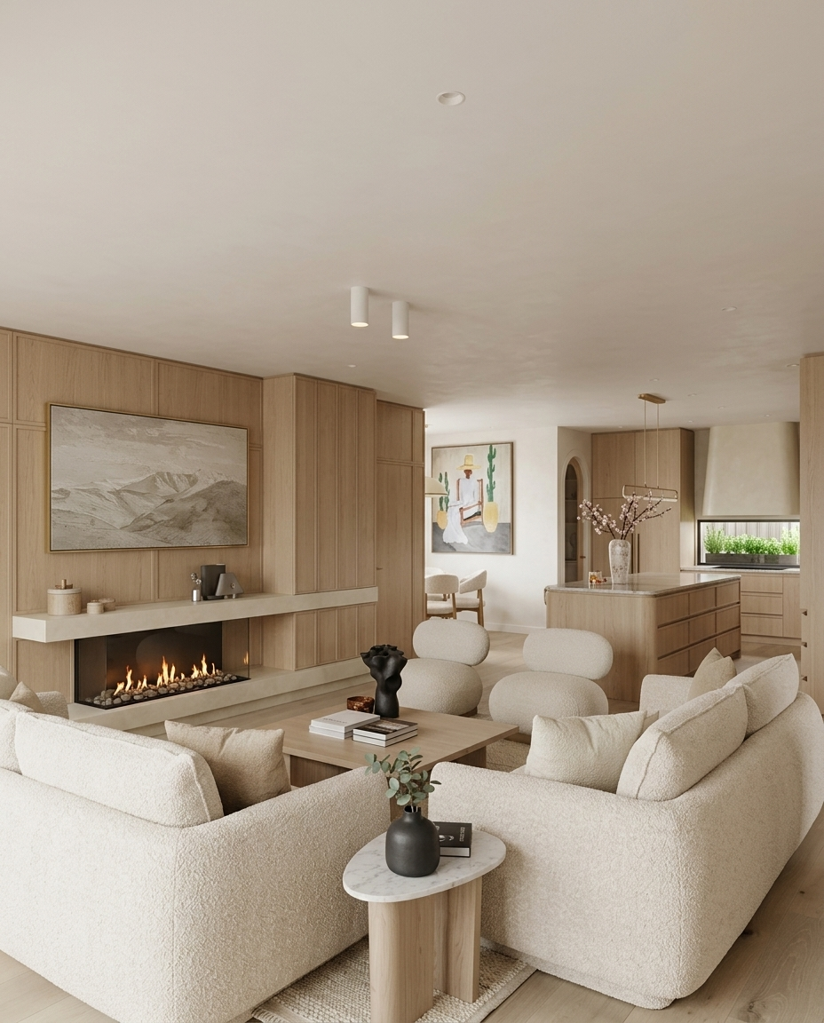 Contemporary living room with fireplace, hidden bar and custom built-in joinery, designed by TID Studio Sydney
