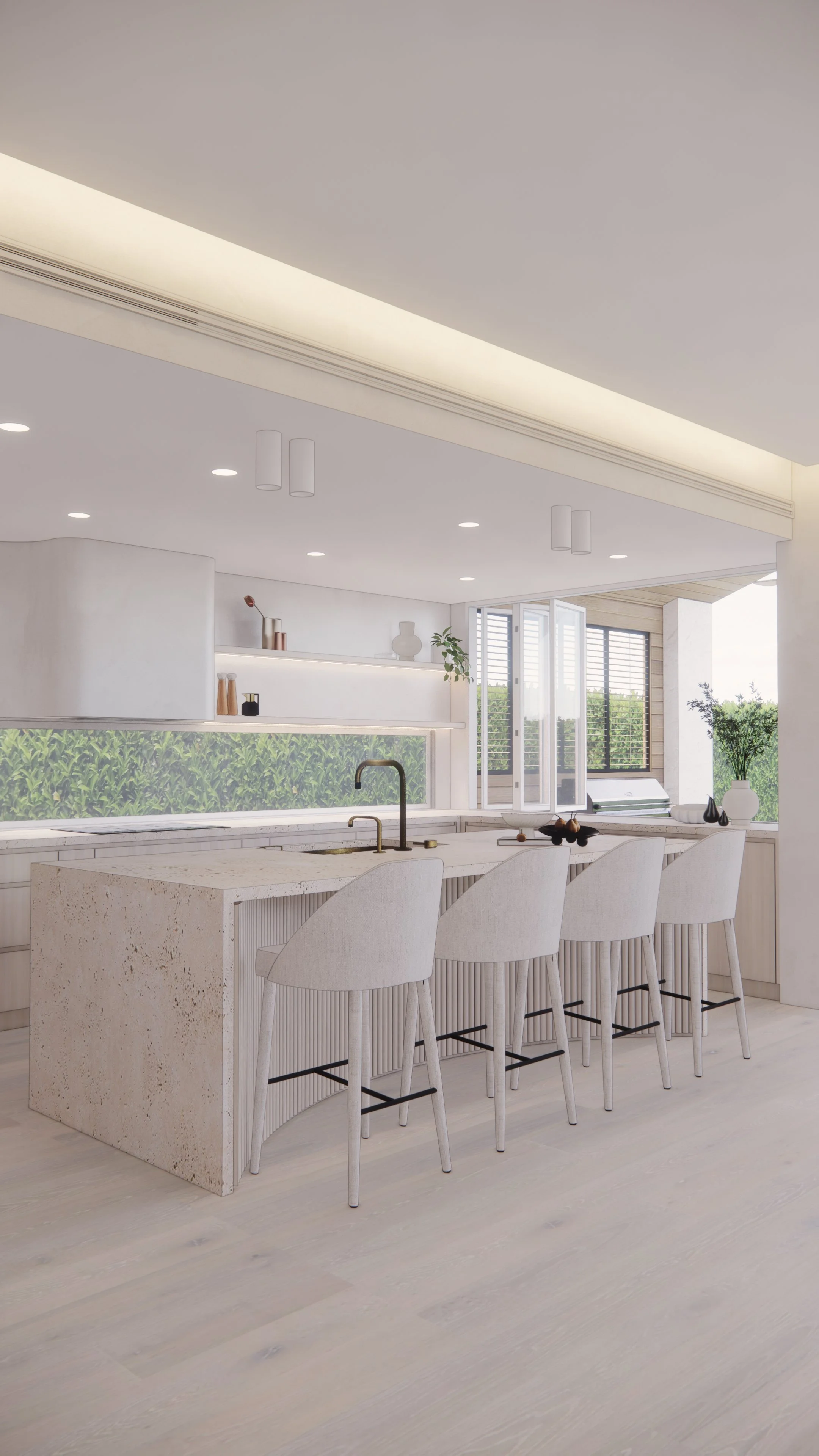 Open-plan neutral kitchen with light timber cabinetry, soft curves, and layered lighting — Auriga Residence by TID Studio, Brisbane