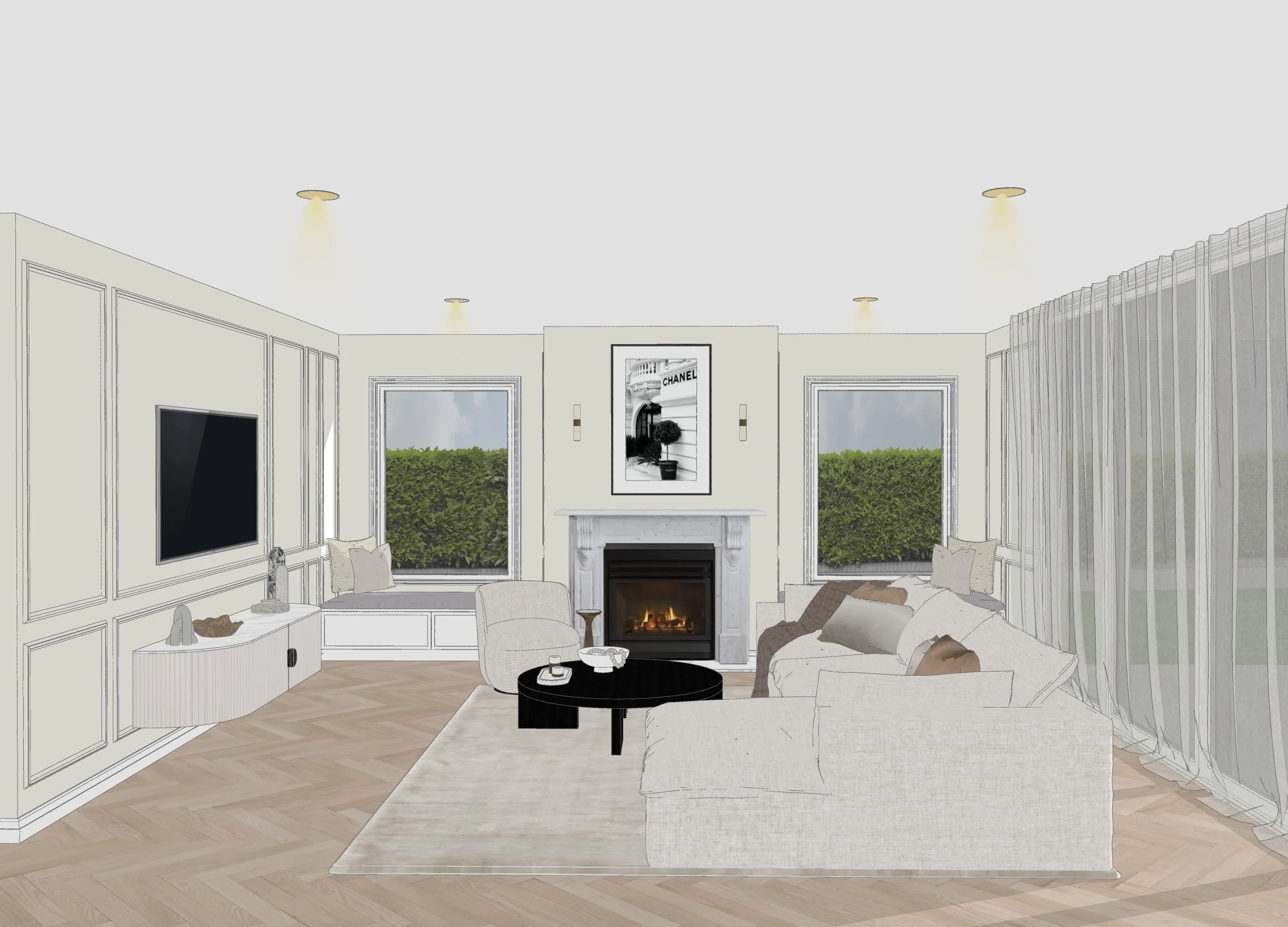 Neutral-toned living room with curved sofa and black coffee table