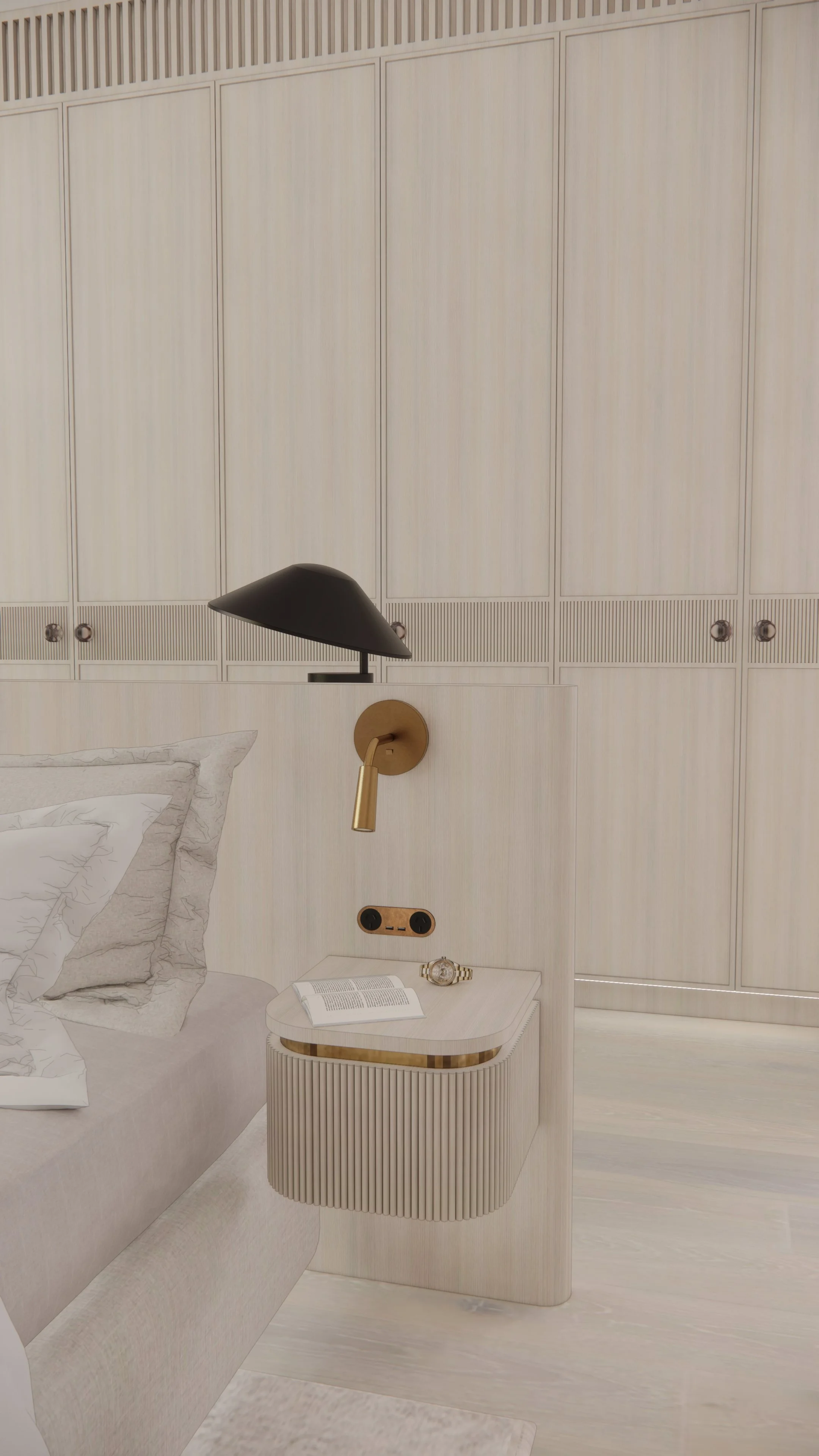 Master bedroom with upholstered neutral bedhead, soft curves and warm minimal textures — Auriga Residence by TID Studio, Brisbane