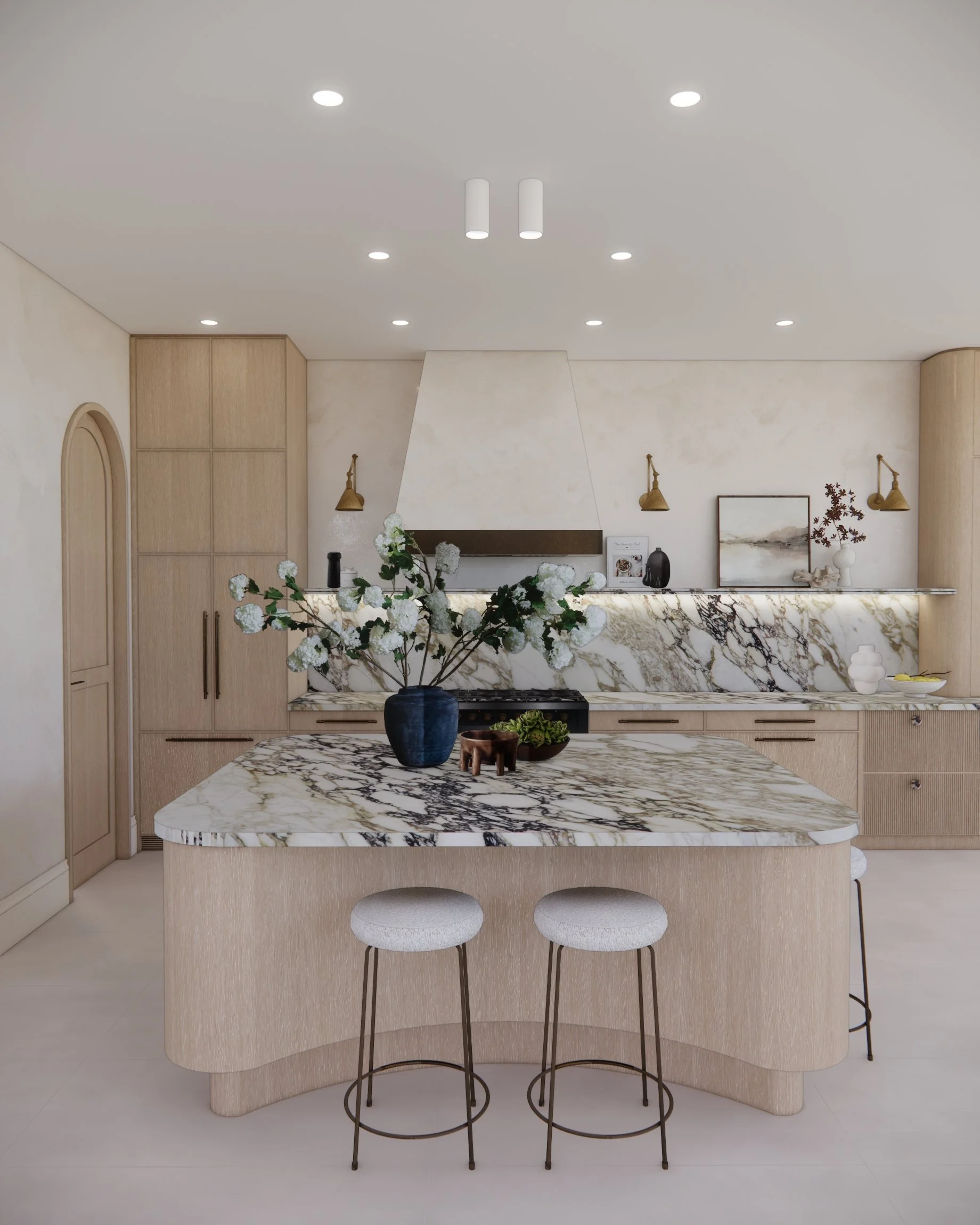 Sculptural kitchen with Calacatta Viola marble island, pale timber joinery, and brass wall lights in a contemporary Sydney home