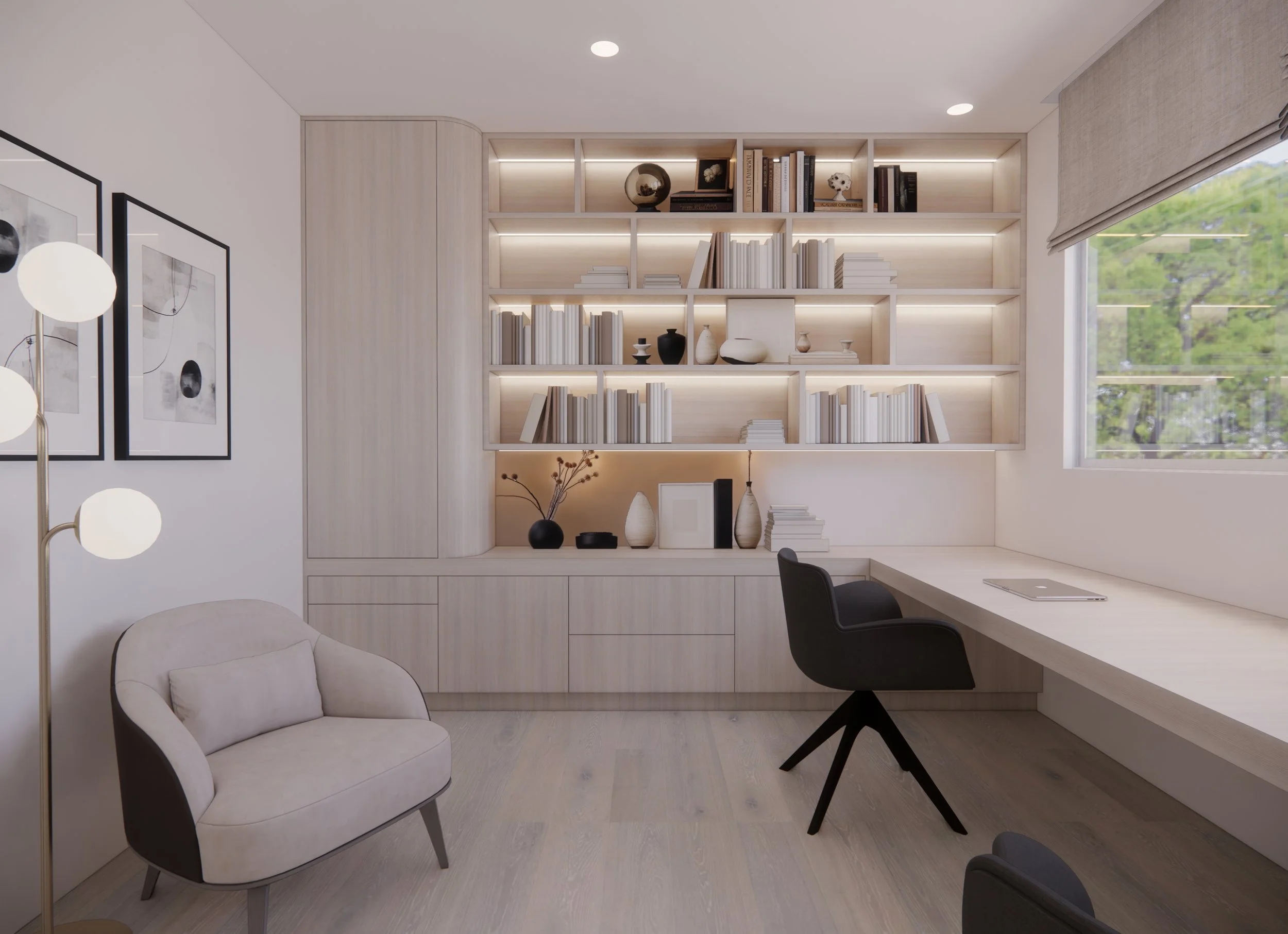 Modern study featuring curved bar, and light timber veneer  — Auriga Residence by TID Studio, Brisbane