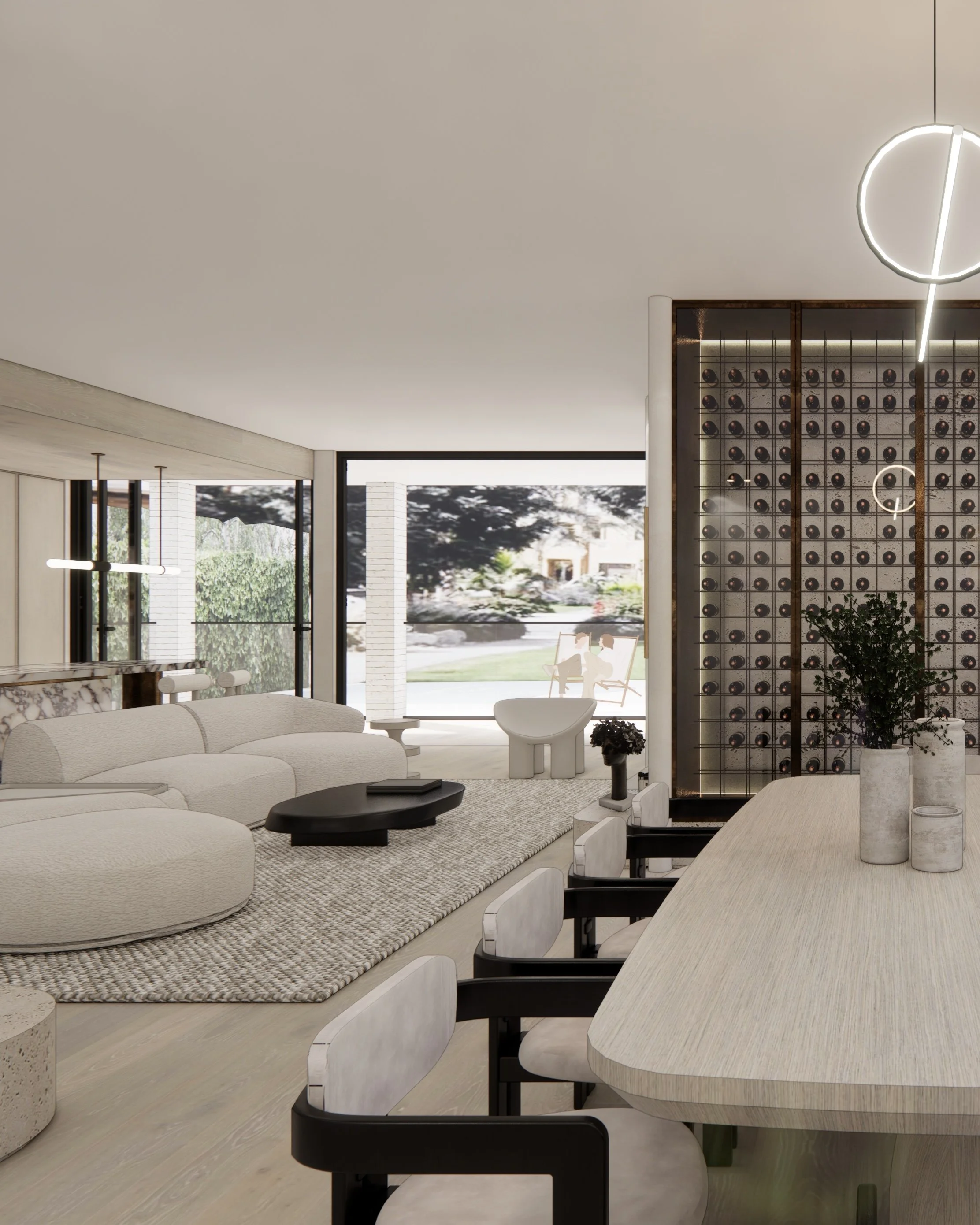 Dining area with textured travertine fireplace base and curved architectural forms