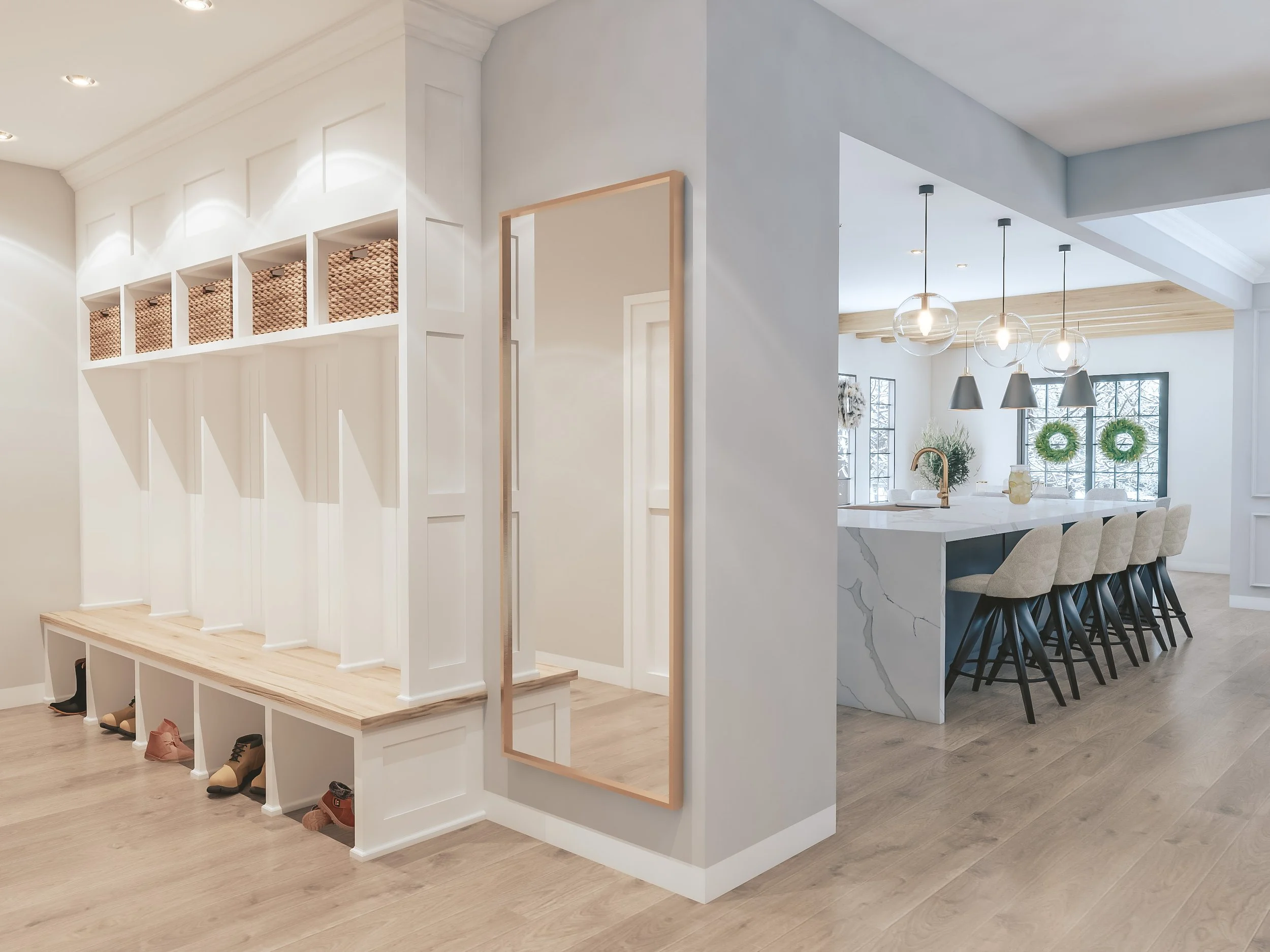 Organised mudroom with built-in bench, cubbies, and storage baskets in modern farmhouse style