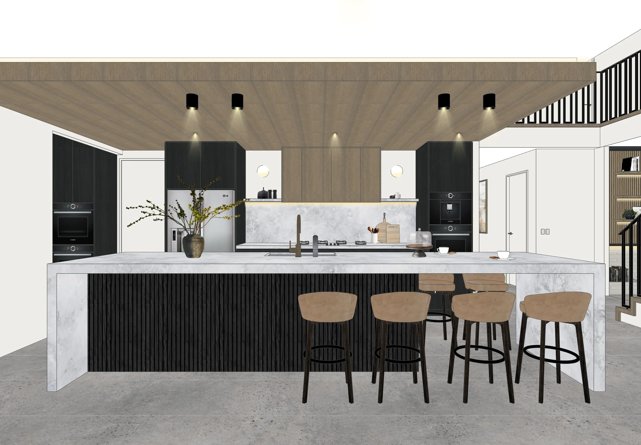 Modern black-and-oak kitchen design with stone island and timber ceiling feature — Brisbane interior design