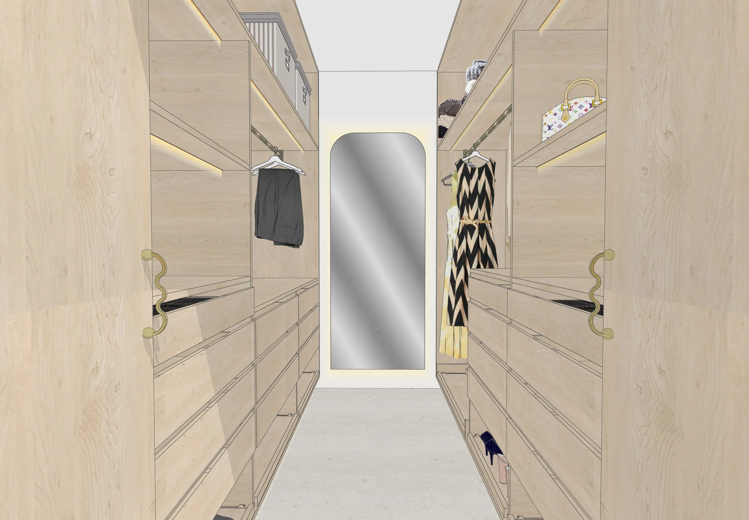 Timber walk-in robe with LED-lit shelving and soft minimal joinery in Brisbane townhouse