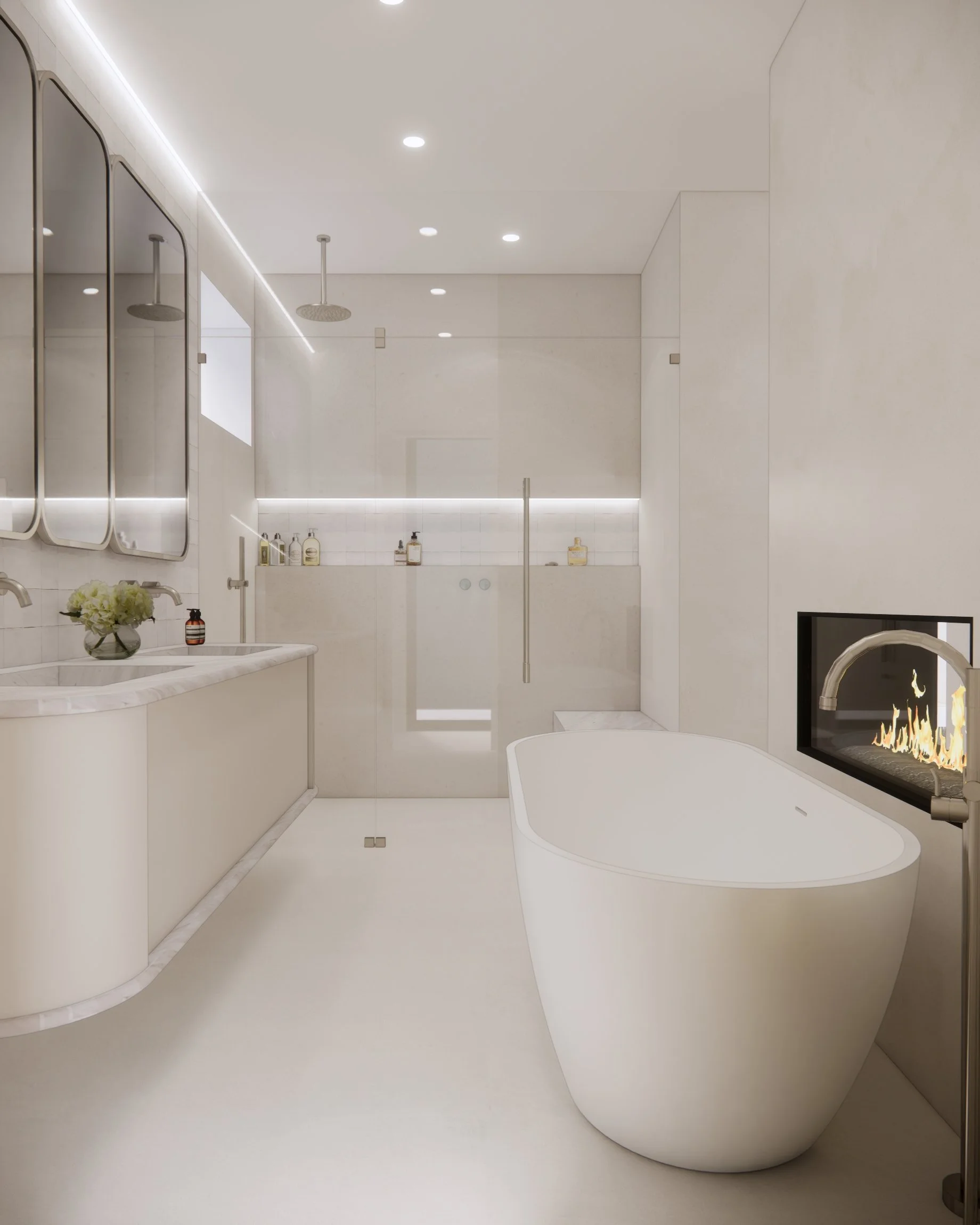 Spa-like master ensuite with feature stone wall, freestanding bath, and brushed metal fixtures in Sydney