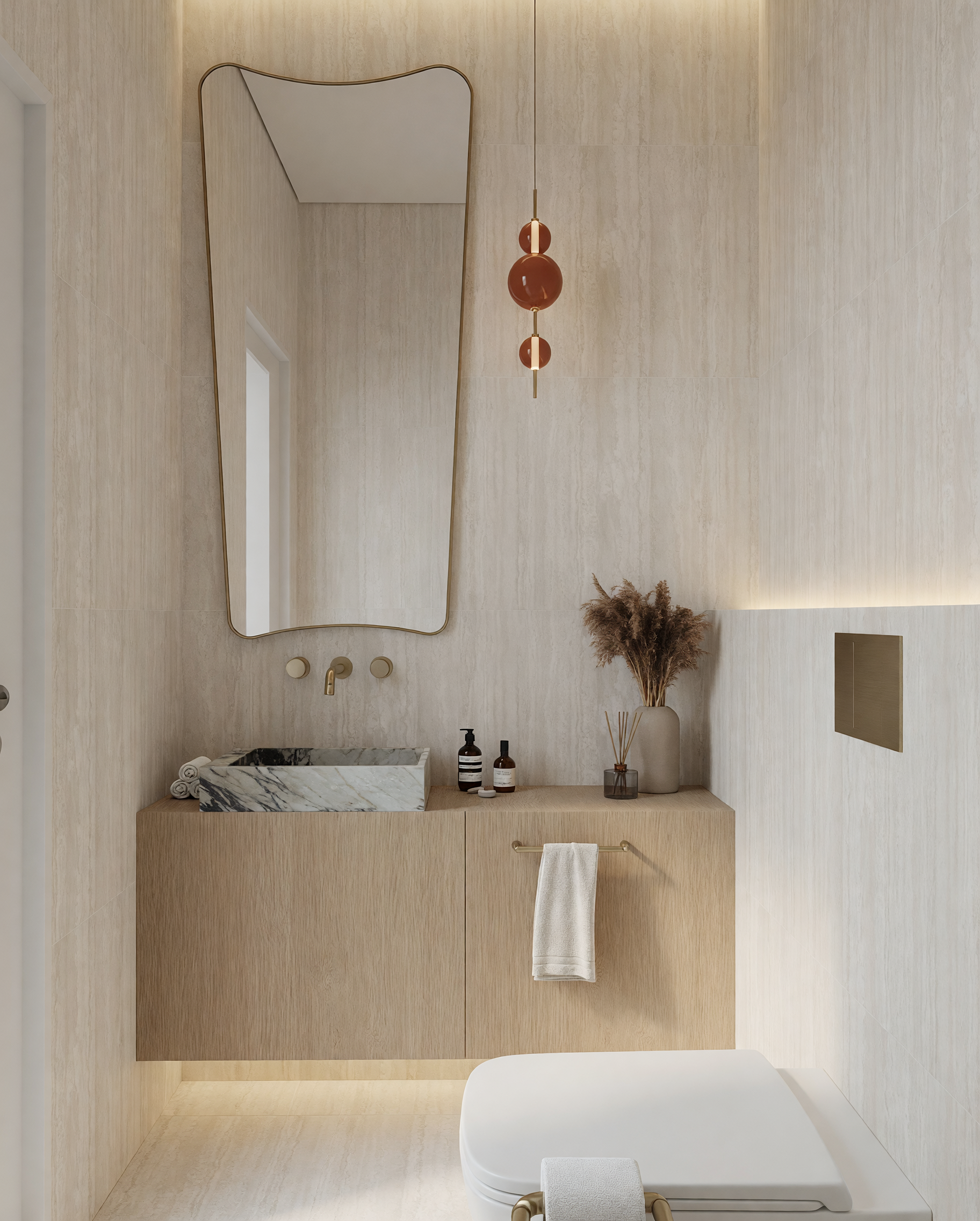 Luxury powder room with stone sink, creamy tiles, bronze fixtures and contemporary lighting