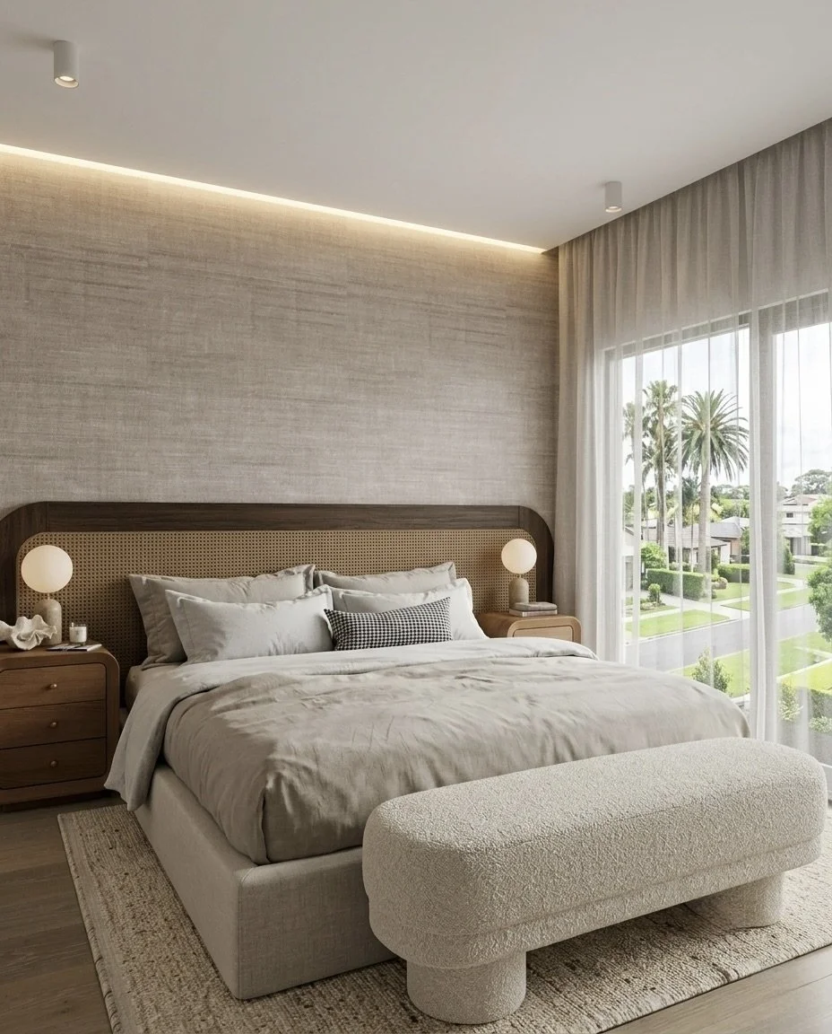 Warm minimalist primary bedroom with natural materials and custom joinery, designed by TID Studio Sydney