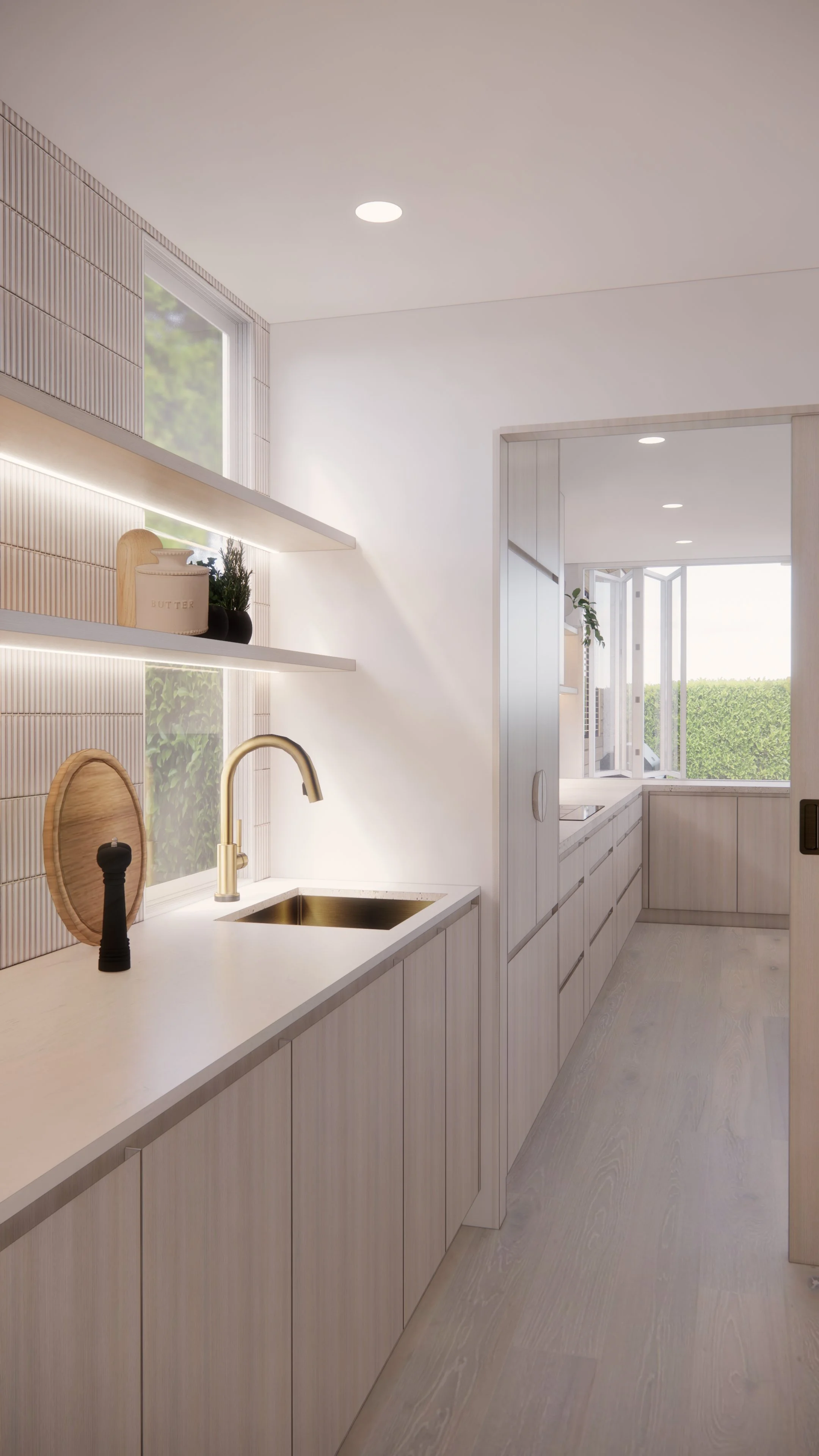 Modern coastal kitchen featuring adjacent butler's pantry, light timber cabinetry and neutral palette — Auriga Residence by TID Studio, Brisbane