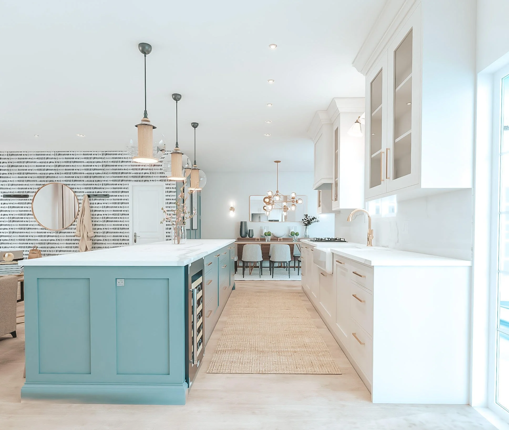 Bright Florida Hamptons living space with fireplace and coastal accents