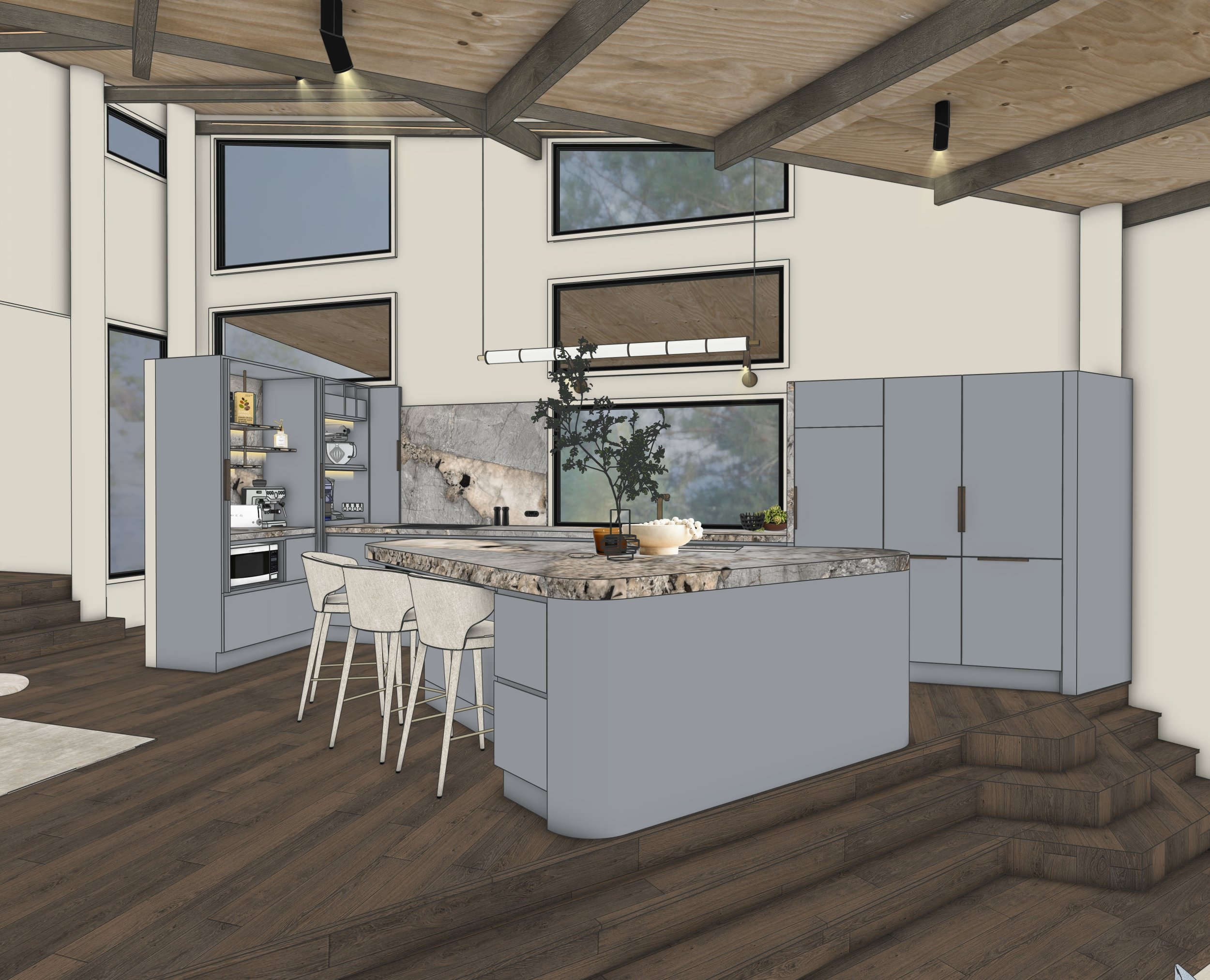 Integrated appliance and coffee hub with warm timber joinery and soft lighting — contemporary Brisbane interior design