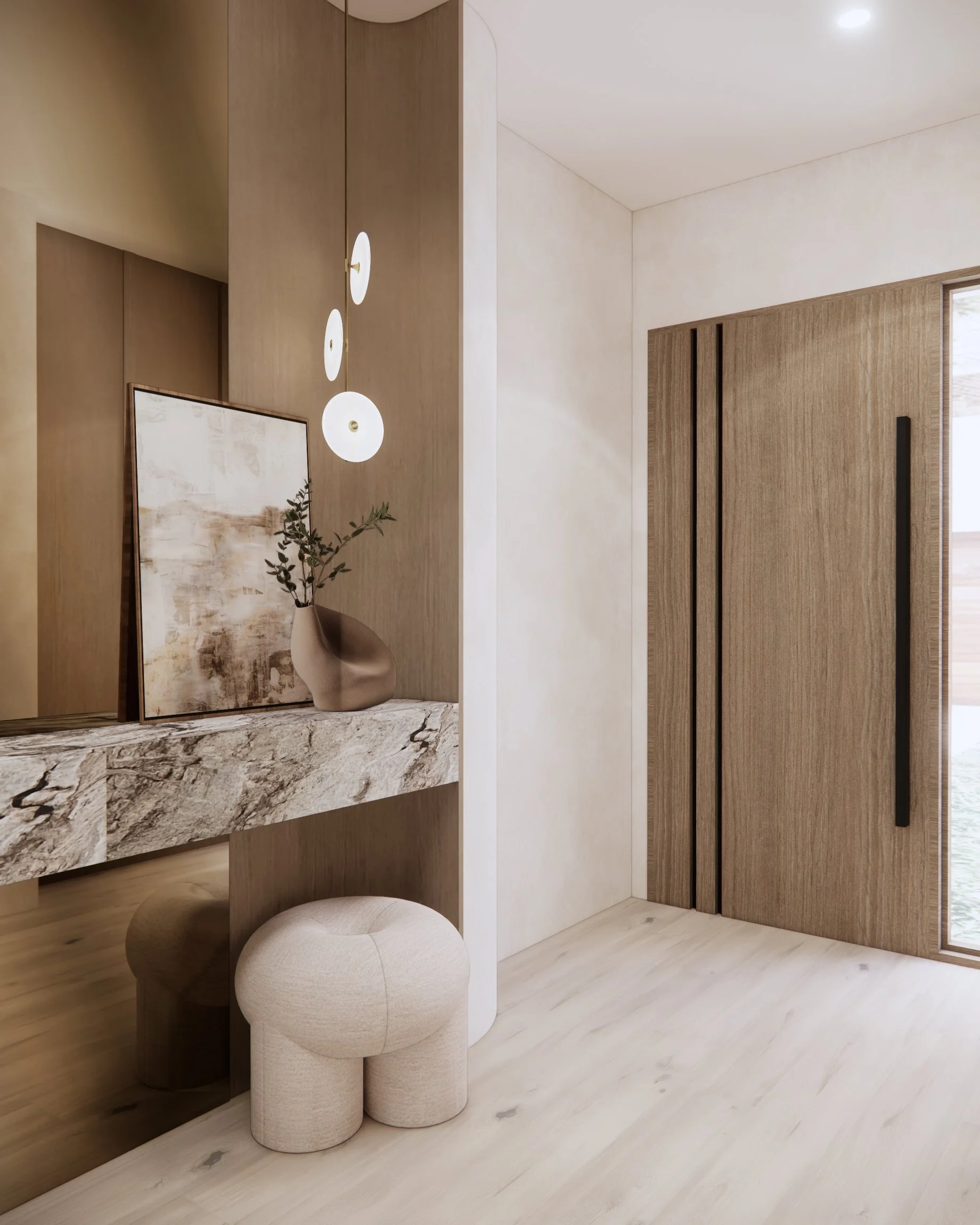 Contemporary entryway with curved cabinetry, neutral textures — Sydney interior design by TID Studio