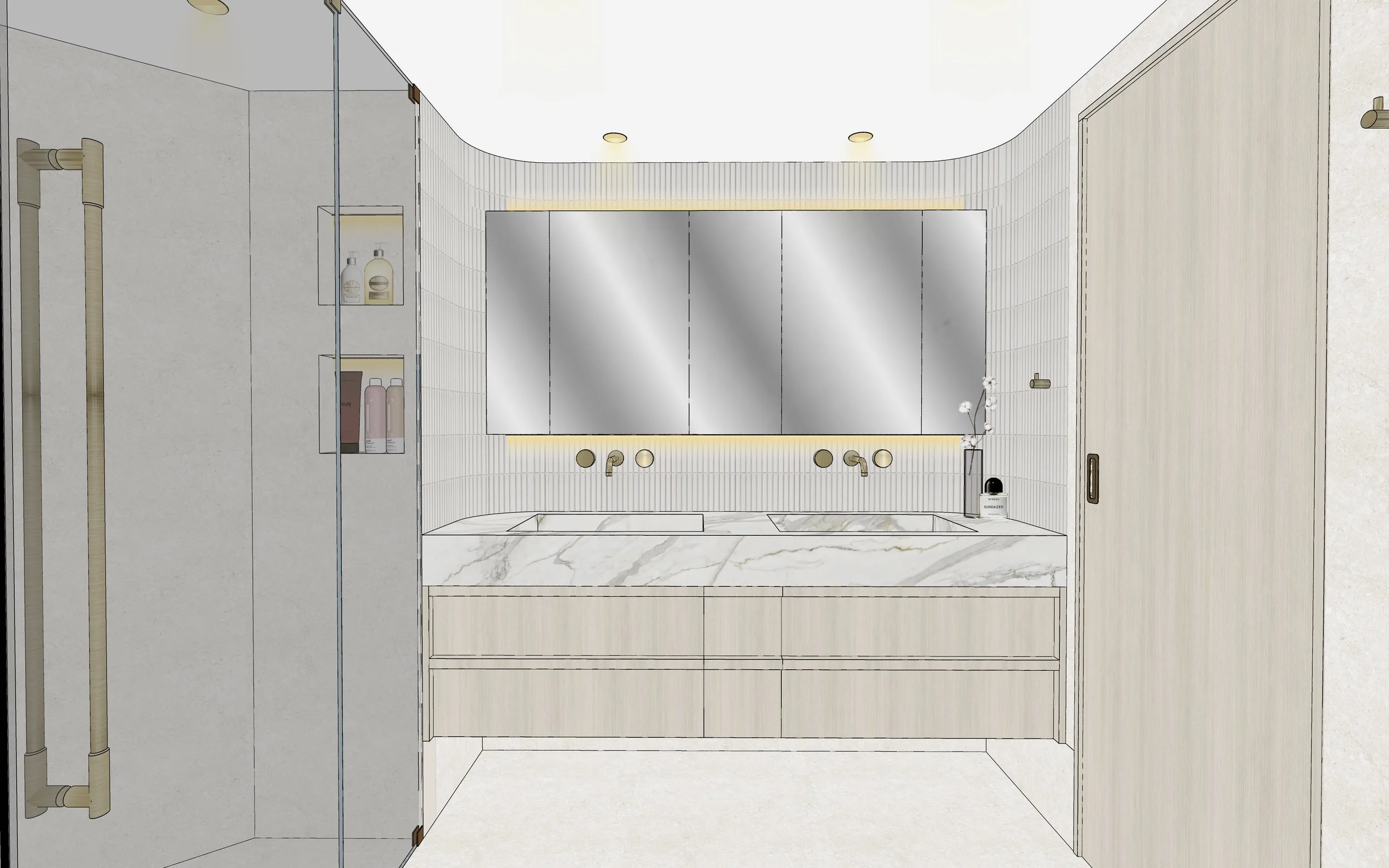 Neutral bathroom with soft stone tiles and minimalist vanity design