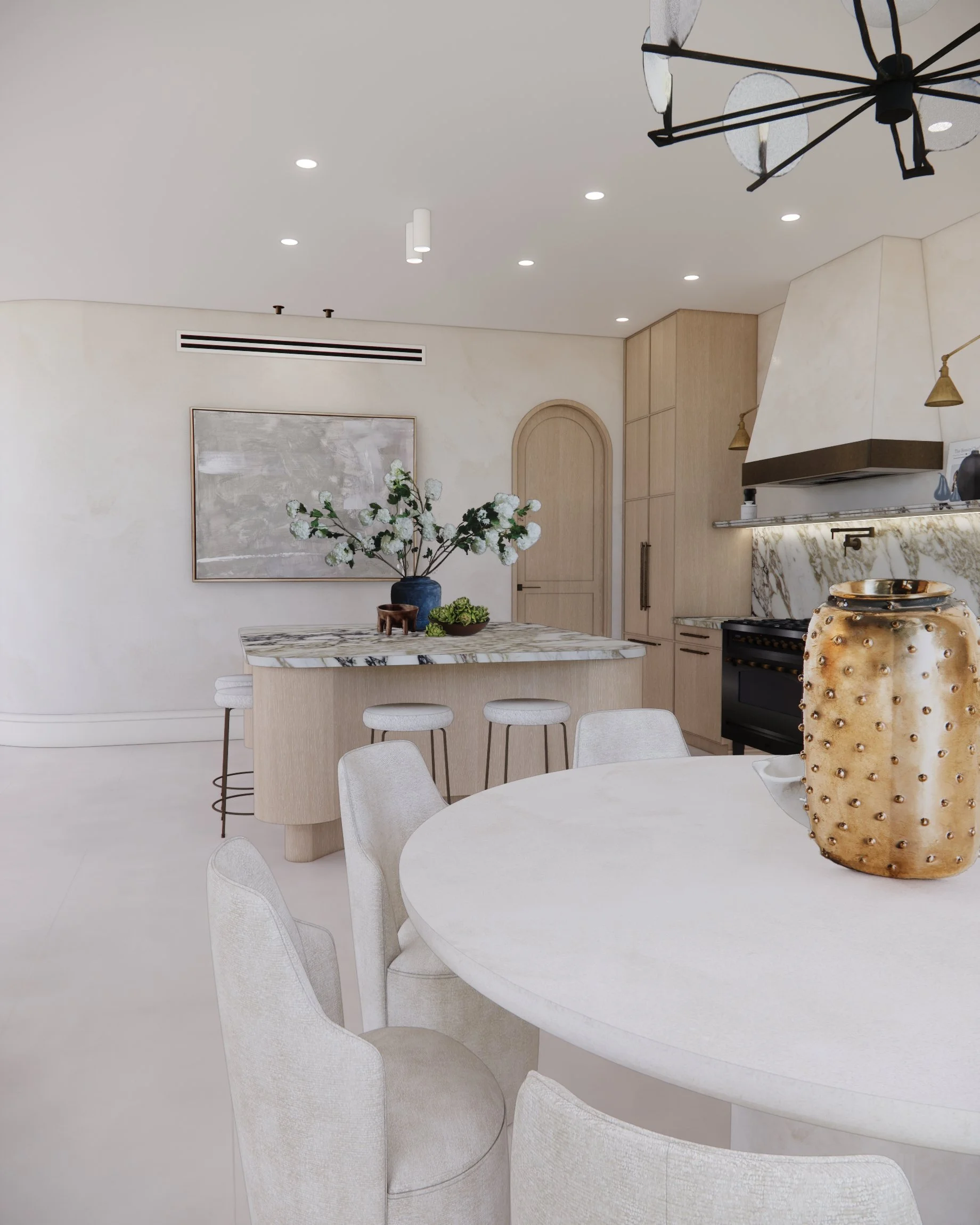 Sculptural kitchen with Calacatta Viola marble island, pale timber joinery, and brass wall lights in a contemporary Sydney home