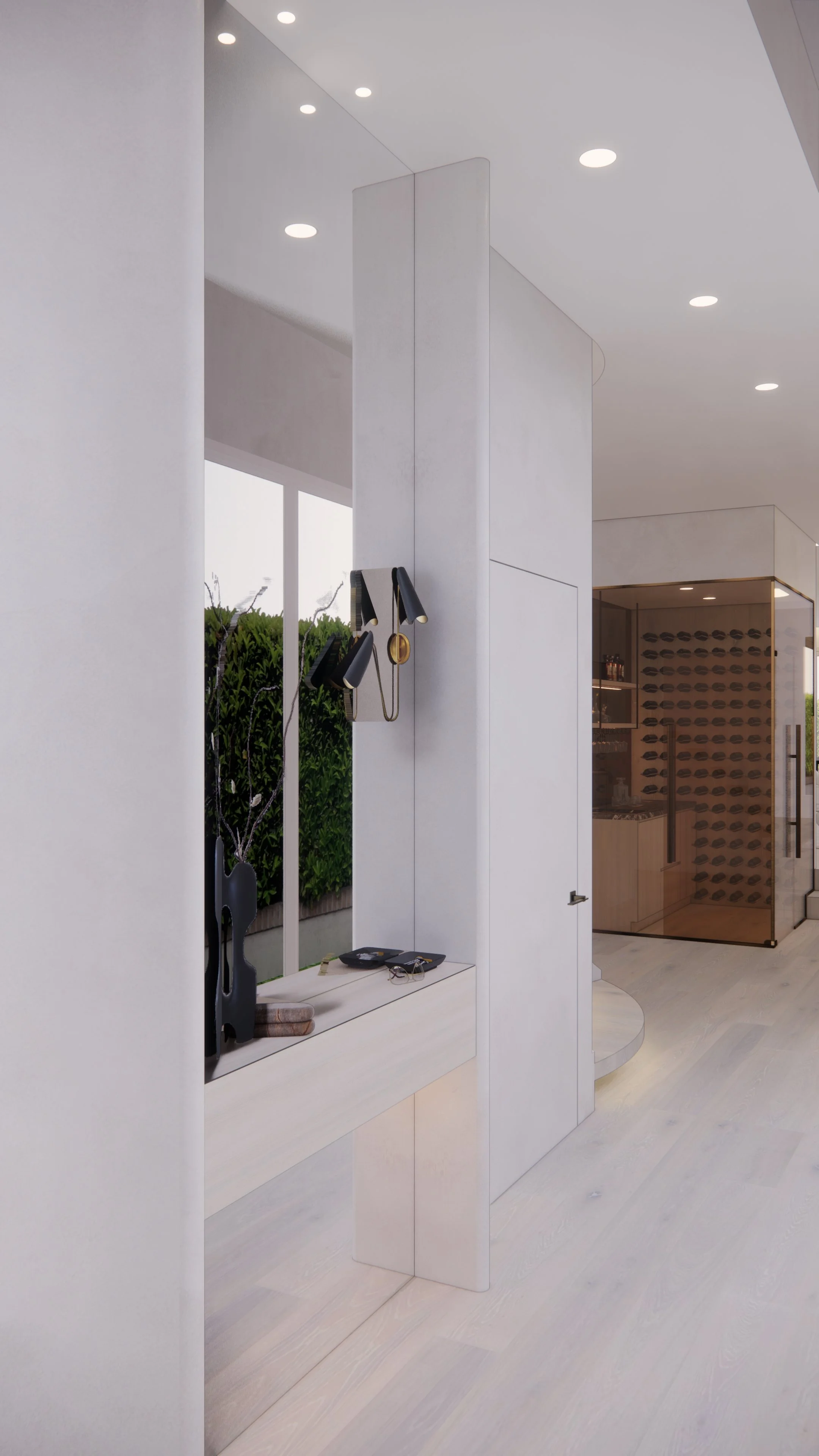 Modern coastal entry, wine cellar and staircase with soft plaster walls, light timber flooring and fireplace  — Auriga Residence by TID Studio, Brisbane